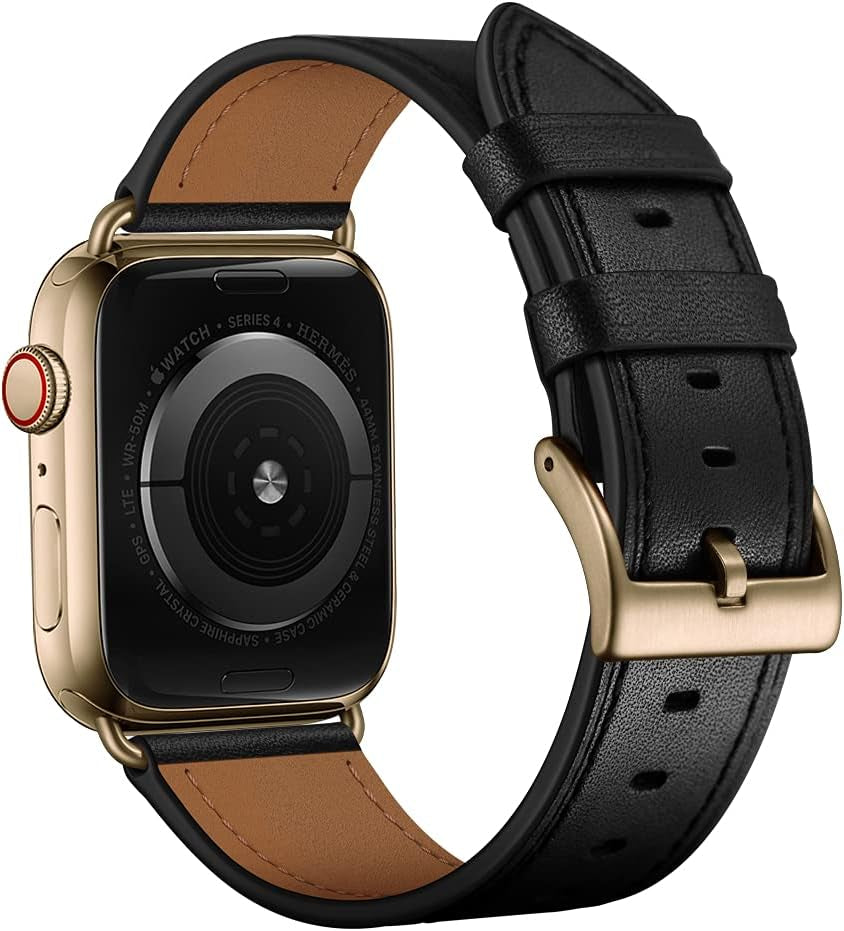Compatible with Apple Watch Band 41Mm 40Mm 38Mm, Genuine Leather Band Replacement Strap Compatible with Apple Watch Series 9/8/7/6/5/4/3/2/1/SE2/SE, Black Band with Bronze Gold Adapter