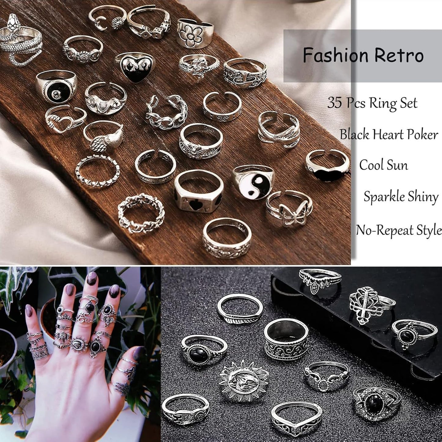 26-35 Pcs Vintage Silver Knuckle Rings Set for Women Men, Grunge Gothic Rings Chunky Aesthetic Snake Stackable Adjustable Punk Bulky Finger Alt Fairy Skull Frog Heart Star Flower Midi Ring Pack