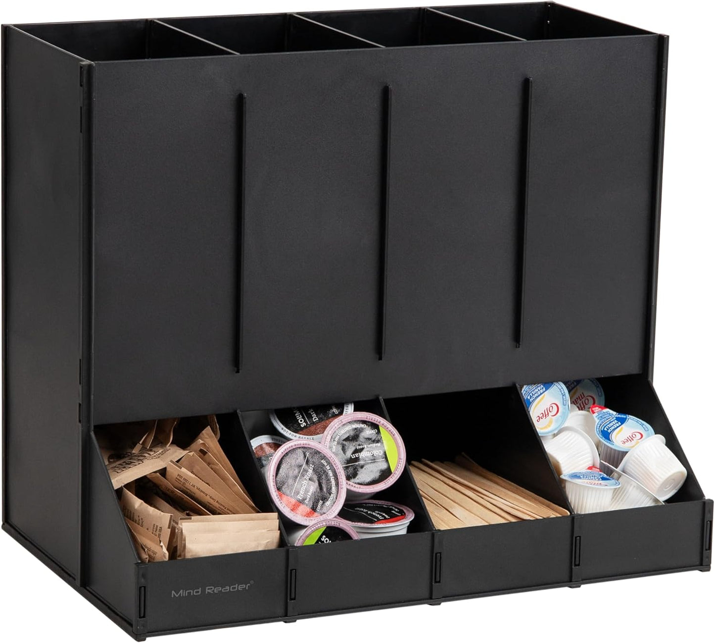 6 Compartment Upright Breakroom Coffee Condiment and Cup Storage Organizer, Black