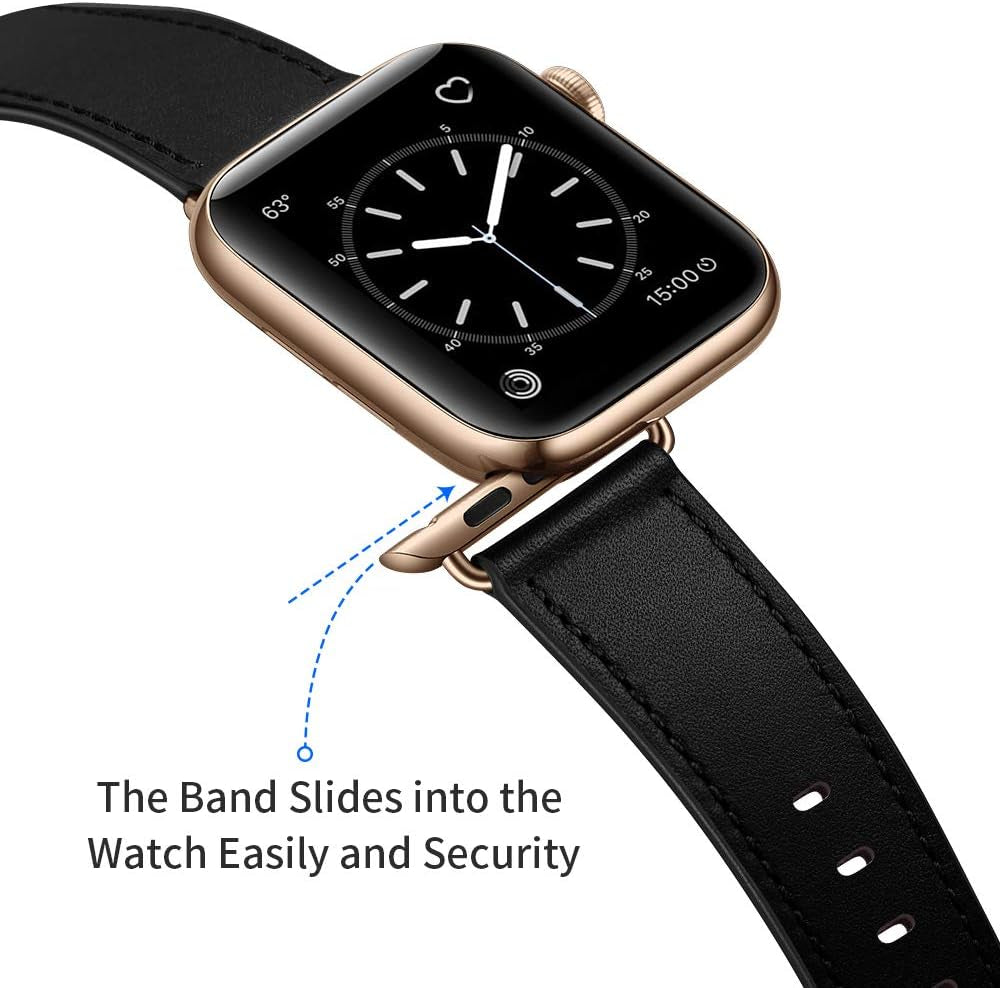 Compatible with Apple Watch Band 49Mm 46Mm 45Mm 44Mm 42Mm(Series 3 2 1), Genuine Leather Band Replacement Strap Compatible with Apple Watch (Black+Black/Bronze Gold)