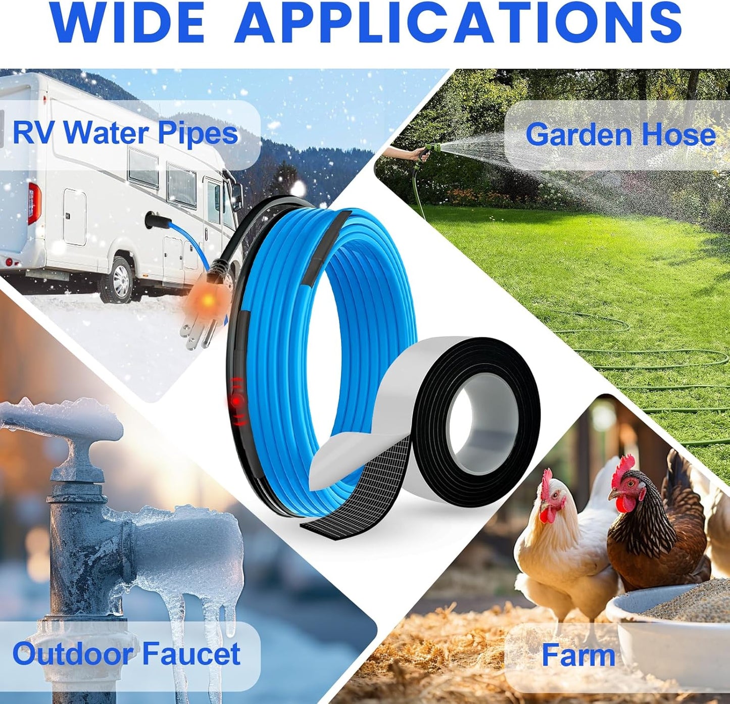 6Feet Water Pipe Heat Trace Kit with Thermostat for Pipe Freeze Protection, 8.2 Ft X 2 in Self-Adhesive Outdoor Water Pipe Insulation Tape for 120V Electric Pipe Heat Cable Anti-Freeze