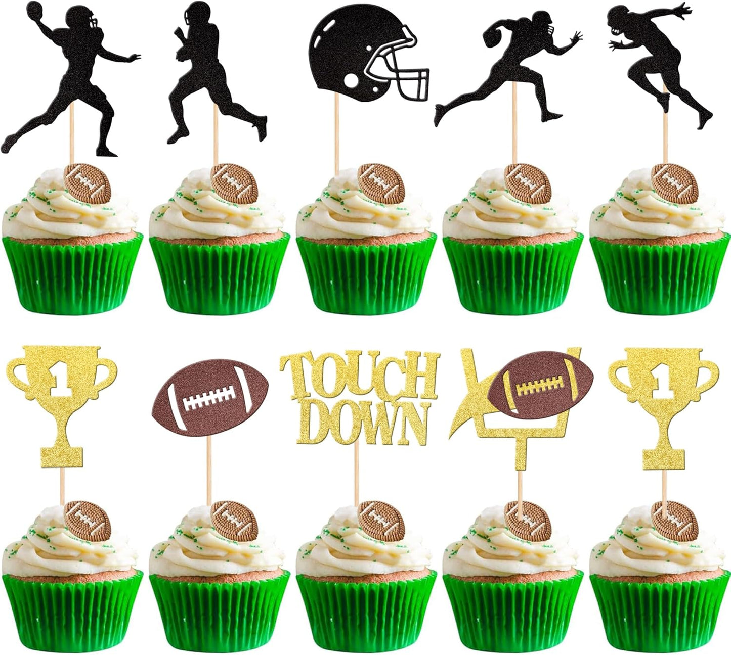 36 PCS Rugby Ball Cupcake Toppers Glitter Trophy Amecian Football Cupcake Picks Touchdown Player Cake Decorations for Super Bowl Rugby Sports Theme Baby Shower Kids Birthday Party