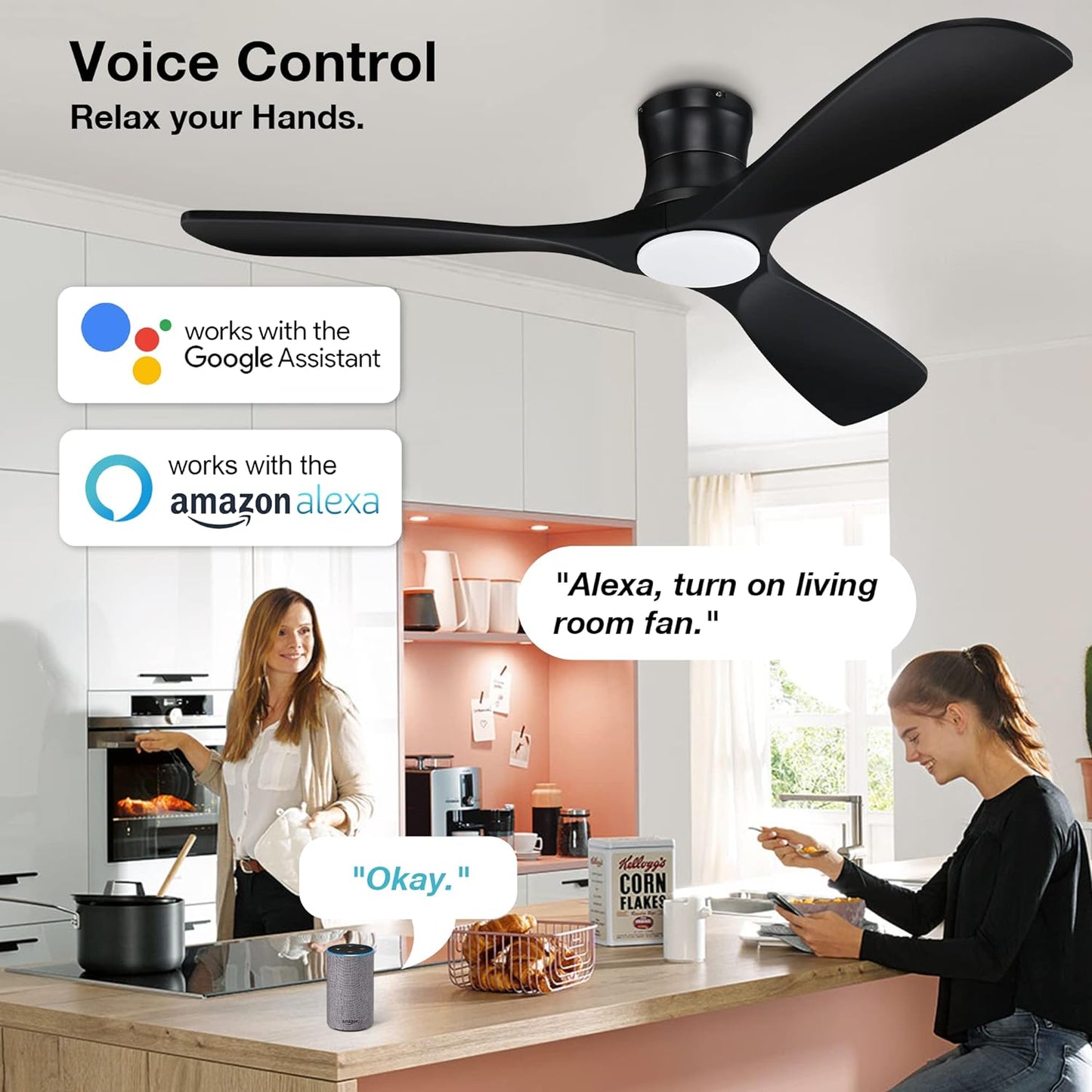 52” Smart Wood Low Profile Ceiling Fan with Lights Remote,Quiet DC Motor,Outdoor Indoor Flush Mount Ceiling Fans Controlled by WIFI Alexa App,Modern Black for Bedroom Living Room Patio Porch