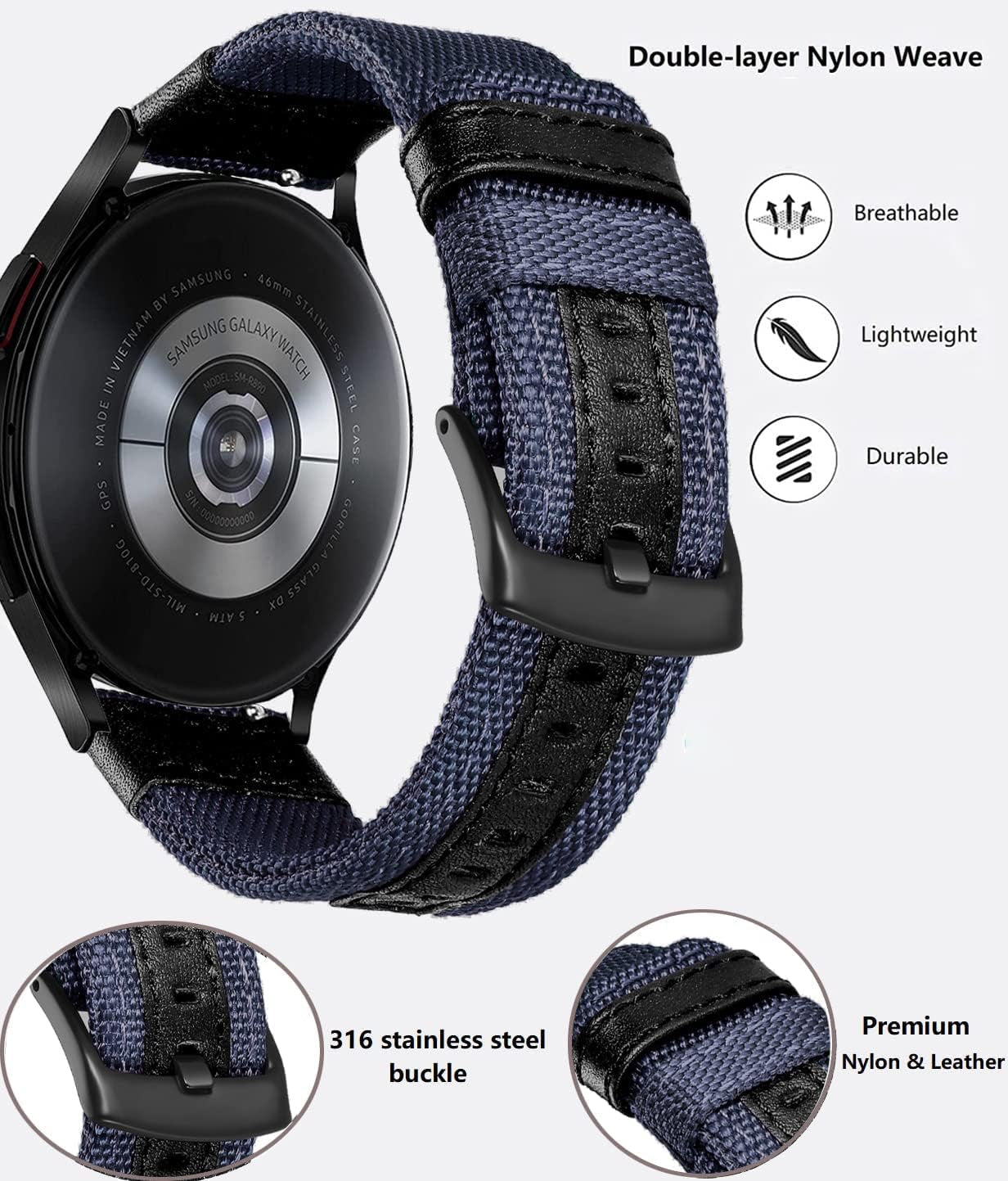 Galaxy Watch 5 Pro Bands/Watch 6/5/4 44Mm 40Mm Band Compatible with Samsung Watch 6/4 Classic 47Mm 43Mm 42Mm 46Mm Bands, 20Mm Nylon Sports Bands with Leather Wristband Replacement Strap