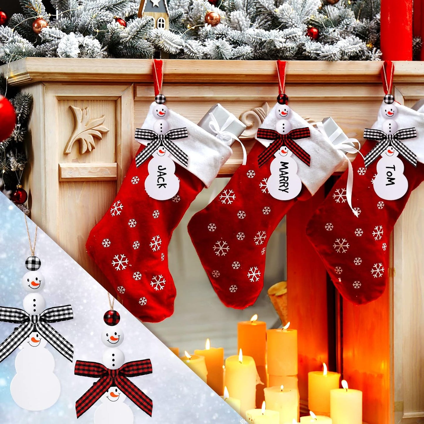 12 Pcs Christmas Stocking Name Tags Unfinished Wooden Stocking Tags Xmas Stocking Hanging Tags with Wood Beads Buffalo Plaid Bows for Christmas Home Farmhouse Decor (Snowman Style)