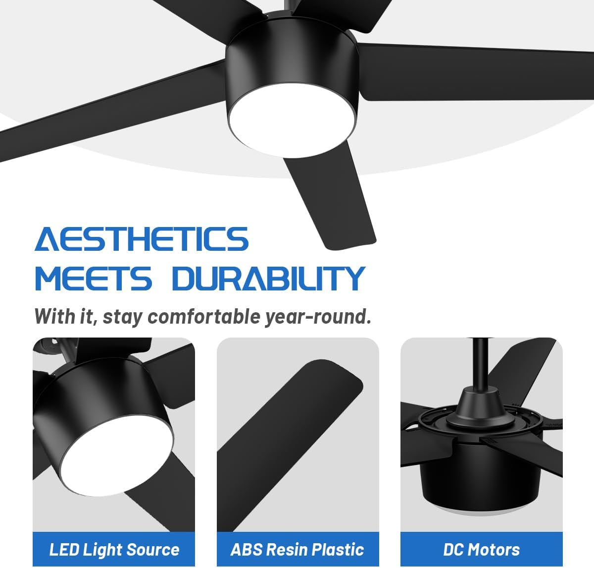 52 Inch Smart Ceiling Fan, DC Reversible Motor Noiseless Timing 3CCT Dimmable, Black Ceiling Fan Compatible with Alexa Tuya App for Living Room Indoor & Outdoor ETL