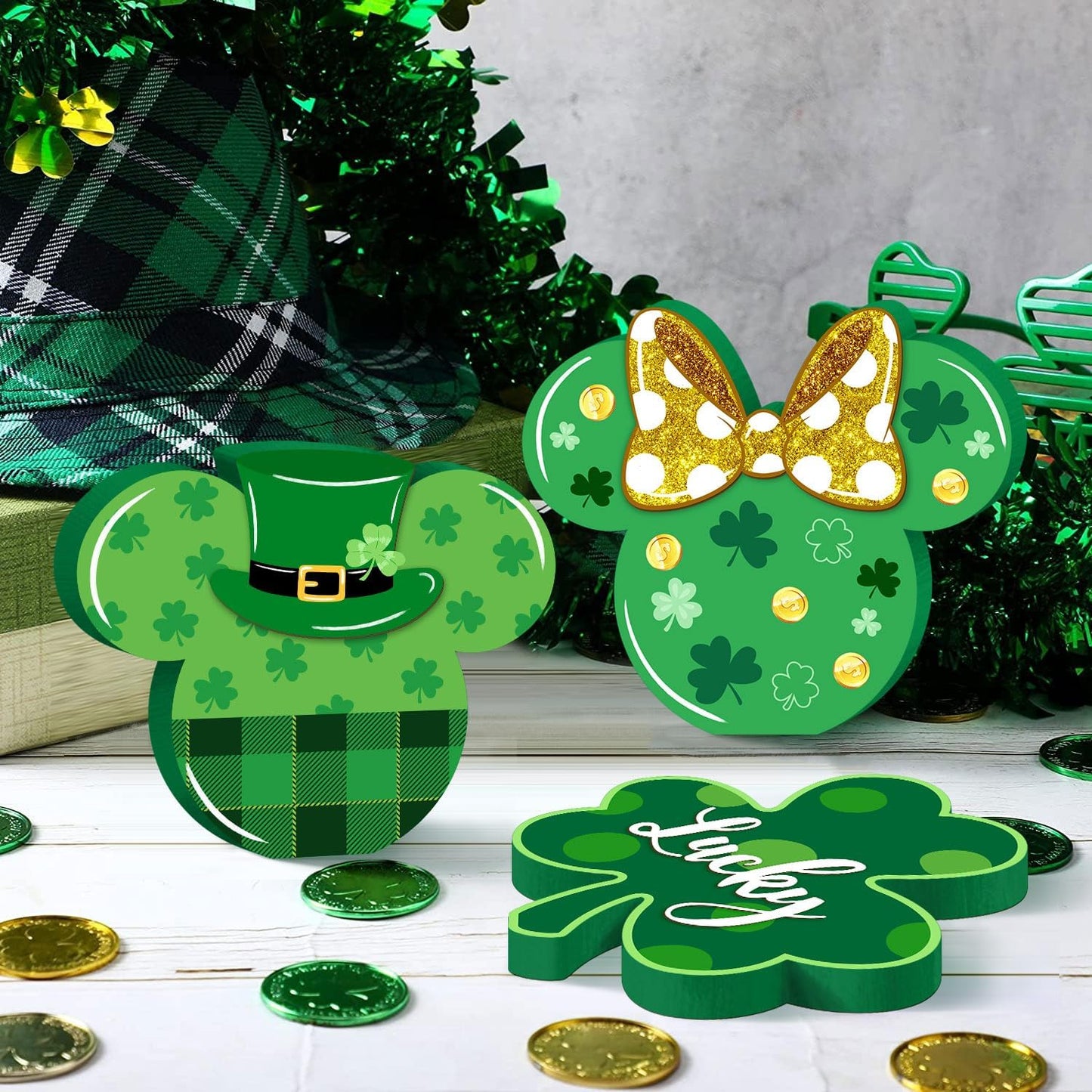 3Pcs St. Patrick'S Day Mouse Table Sign Decor, Shamrock Wooden Centerpieces Table Top Signs Tiered Tray Set for Happy St. Patrick'S Day Parties Indoor Irish Green Ornament Wood Home Decoration