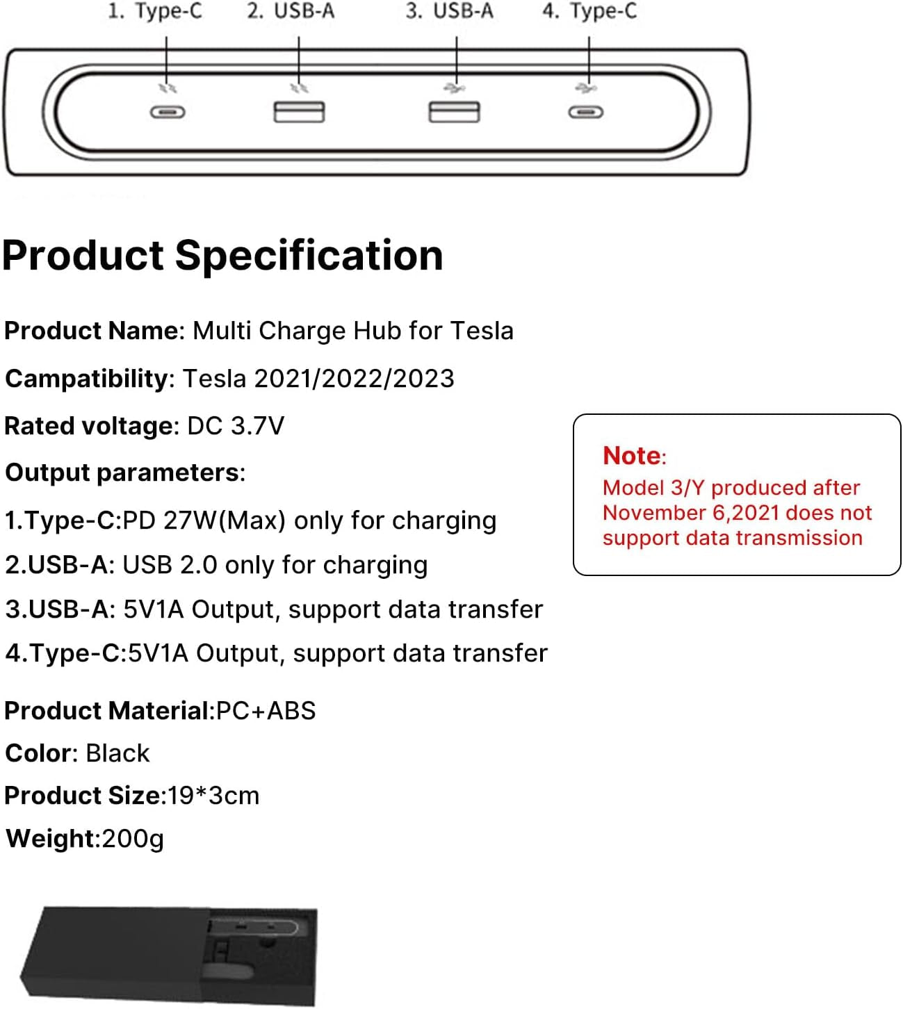 Car USB Charger Multi Port for 2021 2022 2023 2024 Tesla Model 3/Y | Tesla USB Hub with Blue Led Light | Tesla Model 3/Y Accessories 100% Fit Center Console Adapter | Tesla Phone Charger