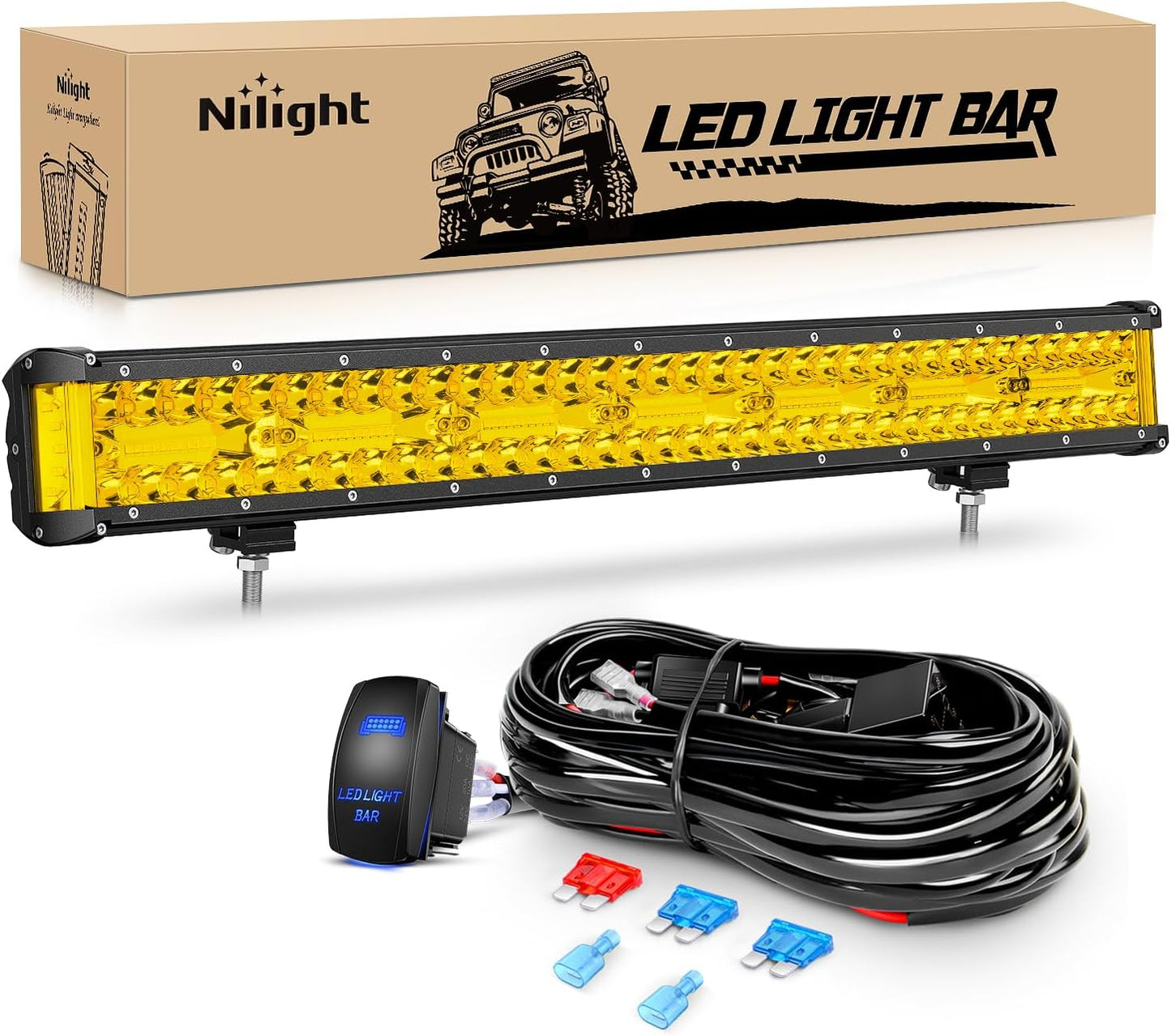 20Inch 420W Triple Row Spot Flood Combo Led Light Bar Work Driving Lamp 2Pcs 4Inch 60W Cube LED Pods Lights for Trucks with Off-Road Wiring Harness Kit-3 Leads