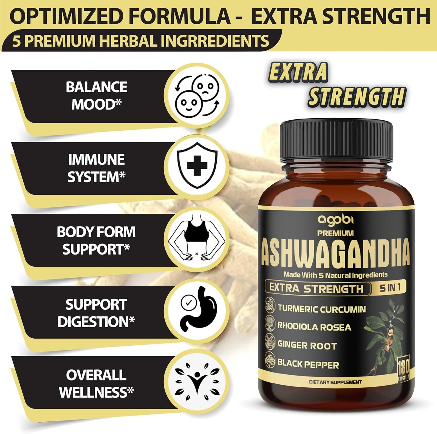 5In1 Premium Ashwagandha Capsules - Added Turmeric, Rhodiola Rosea, Ginger, Black Pepper - Strength, Spirit & Immune Support - 180 Caps for 6 Months TLBH