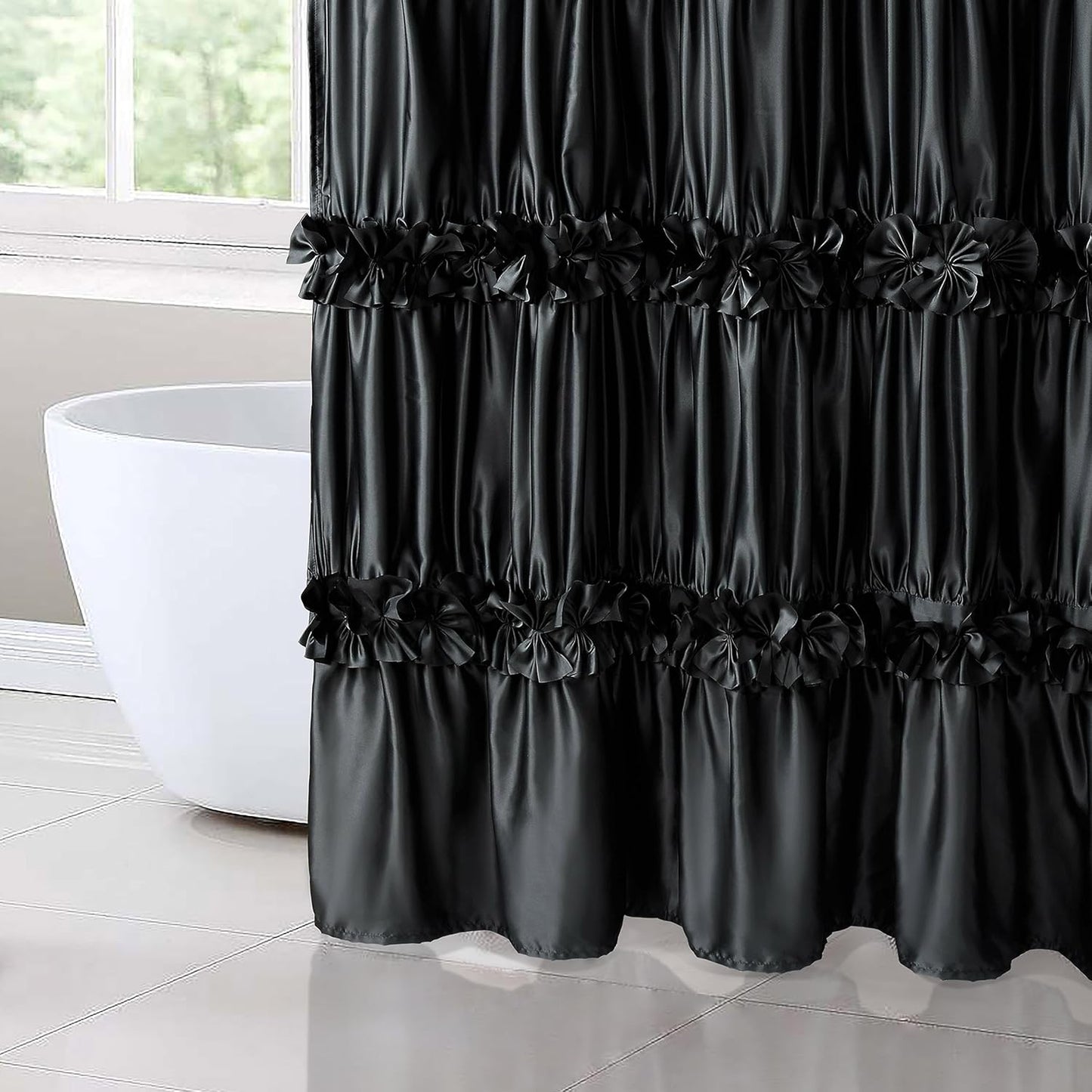 Black Ruffle Shower Curtain, Vintage Handcrafted Bow Tie Bath Curtain for Master Bathroom, Ruched Satin Bathroom Curtain with 12 Buttonholes, 72" W X 72" H (LQ-10)