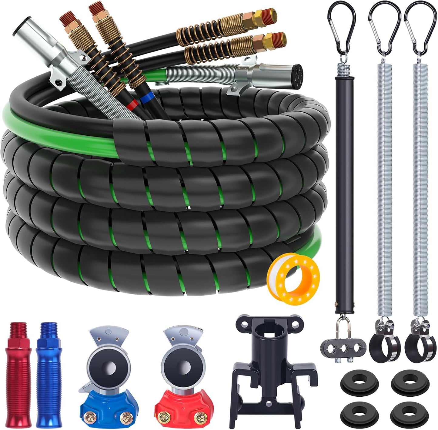 15FT Semi Truck Air Line Kit with Gladhand Holder and Springs Kit Red & Blue Air Brake Hoses and 7 Way Trailer Cord 3-In-1 Air Lines Set for Semi Truck Trailer Tractor