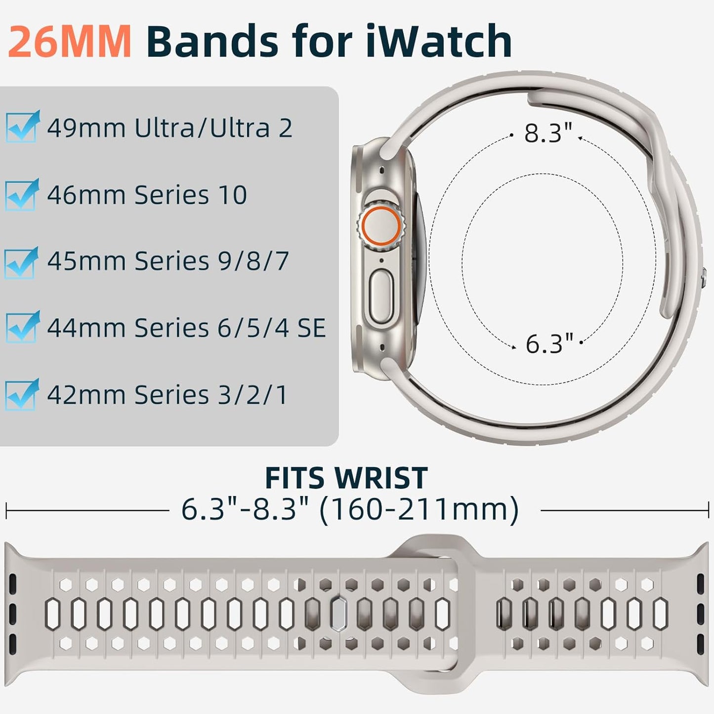 26MM Sport Band Compatible with Apple Watch Ultra 2 & Ultra Band 49Mm 46Mm 45Mm 44Mm 42Mm Men, Honeycomb Breathable Silicone Waterproof Strap for Iwatch Apple Watch Series 10 9 8 7 6 5 4 3 SE