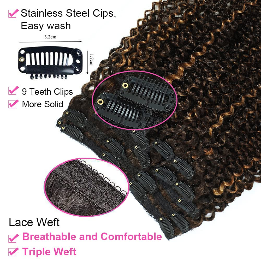 4/30 Kinky Curly 10 Inch 3C 4A Clip in Hair Extensions for Black Women Chocolate Brown Mix Medium Auburn Curly Hair Extensions Clip Ins 10Pcs/Set Full Head 10A Grade