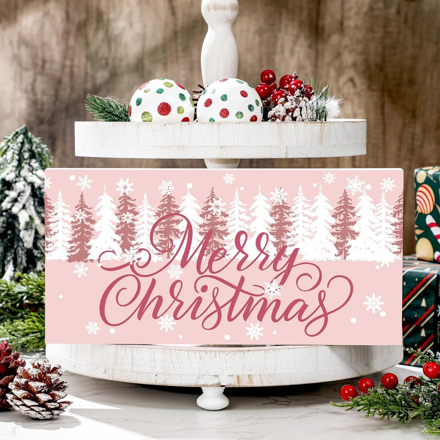 White Farmhouse Merry Christmas Wood Box Sign Pink Wooden Xmas Plaque Winter Woodland Xmas Green Table Decor Rustic Xmas Tree Block Sign Pink Holidays Decor for Home Kitchen 2X6In(Pink)