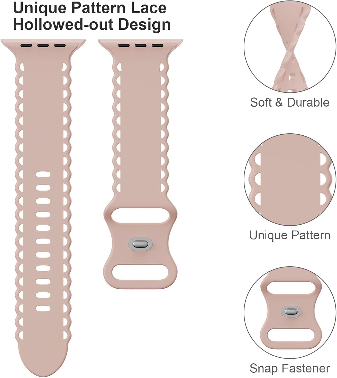 Compatible with Apple Watch Band 41Mm 40Mm 38Mm 49Mm 45Mm 44Mm 42Mm Women Girl, Pink Sand Lace Hollow-Out Soft Silicone Sport Bands for Iwatch Ultra SE Series 10 9 8 7 6 5 4 3 2, Pinksand-38