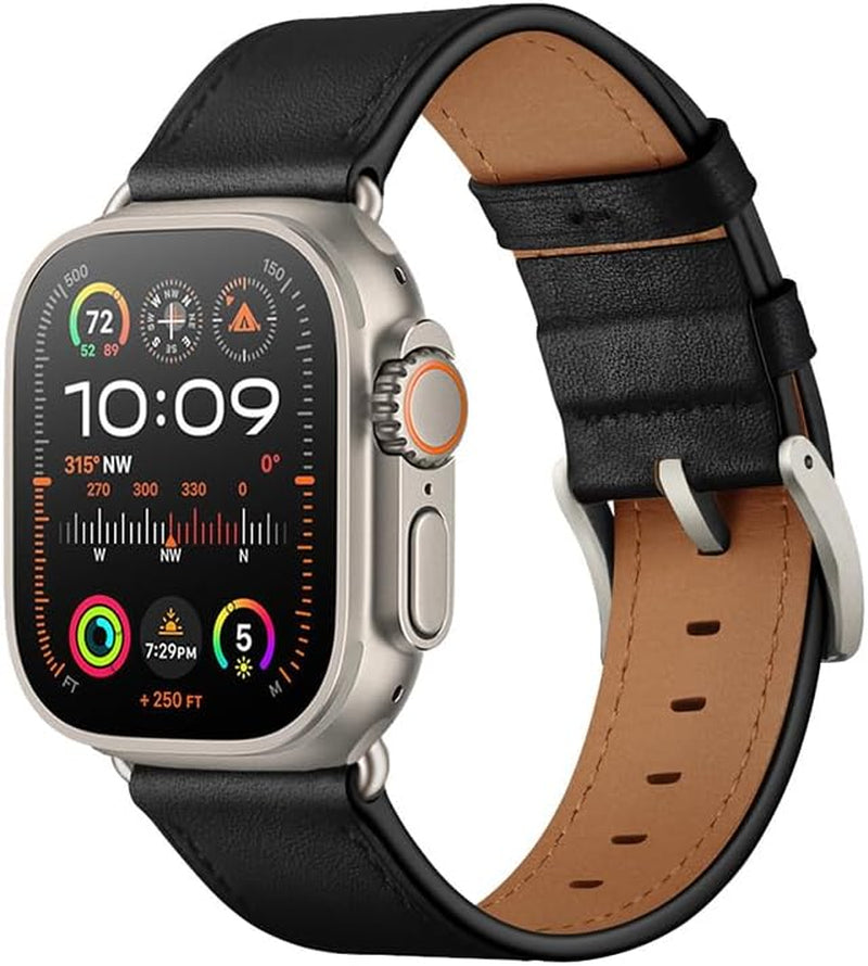 Compatible with Apple Watch Band 42Mm(Series 10) 41Mm 40Mm 38Mm, Genuine Leather Band Replacement Strap Compatible with Apple Watch (Black+Black/Titanium)