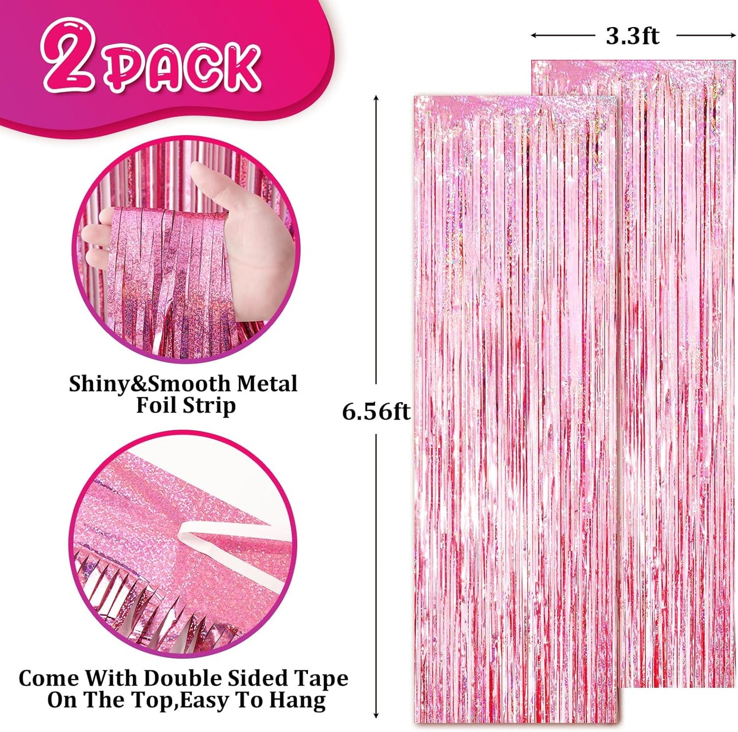 2 Pack Laser Pink Tinsel Foil Fringe Curtains, Pink Party Decorations, Metallic Tinsel Party Streamers Backdrop for Birthday Bachelorette Baby Shower Graduation Wedding Party Decorations