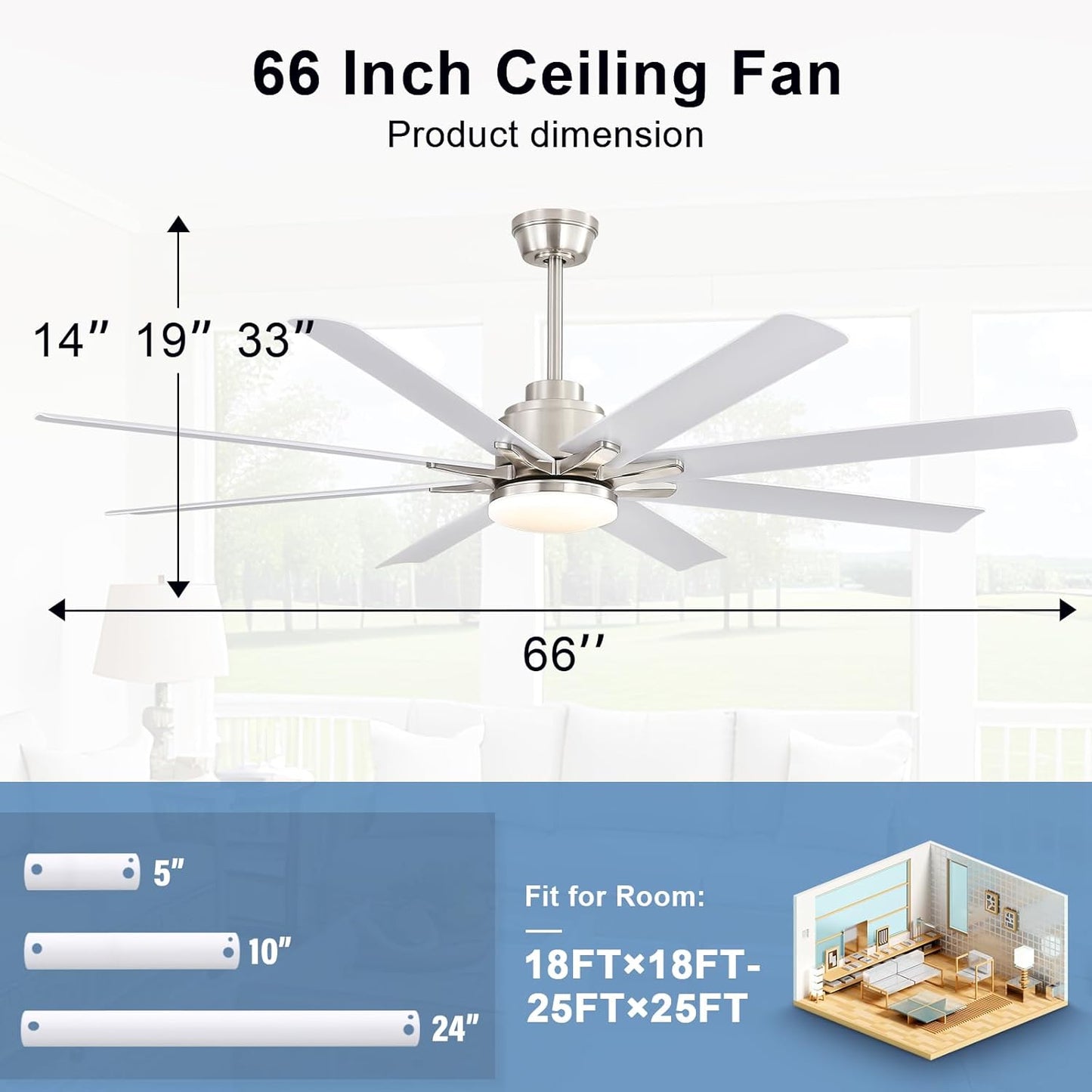 66 Inch Ceiling Fans with Lights and Remote, Indoor Outdoor Mordern Smart Ceiling Fan with Reversible Quiet DC Motor, 6 Speed, 8 Blades for Living Room Bedroom Patios Balcony (White+Sliver)