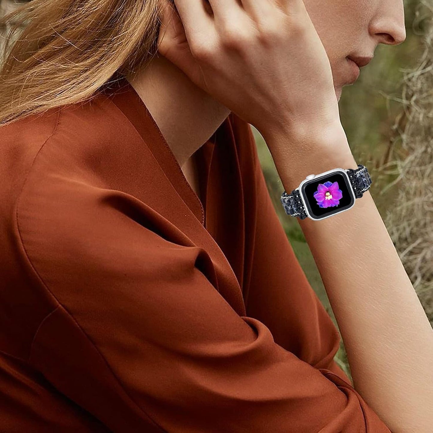 Beaded Handmade Boho Bracelet Bands Compatible with Apple Watch Band 38Mm/40Mm/41Mm,Jewelry Agate Natural Stone Wristband Straps for Women Iwatch Series 9 8 7 6 5 4 3 2 1 SE Se2(Blue Agate)