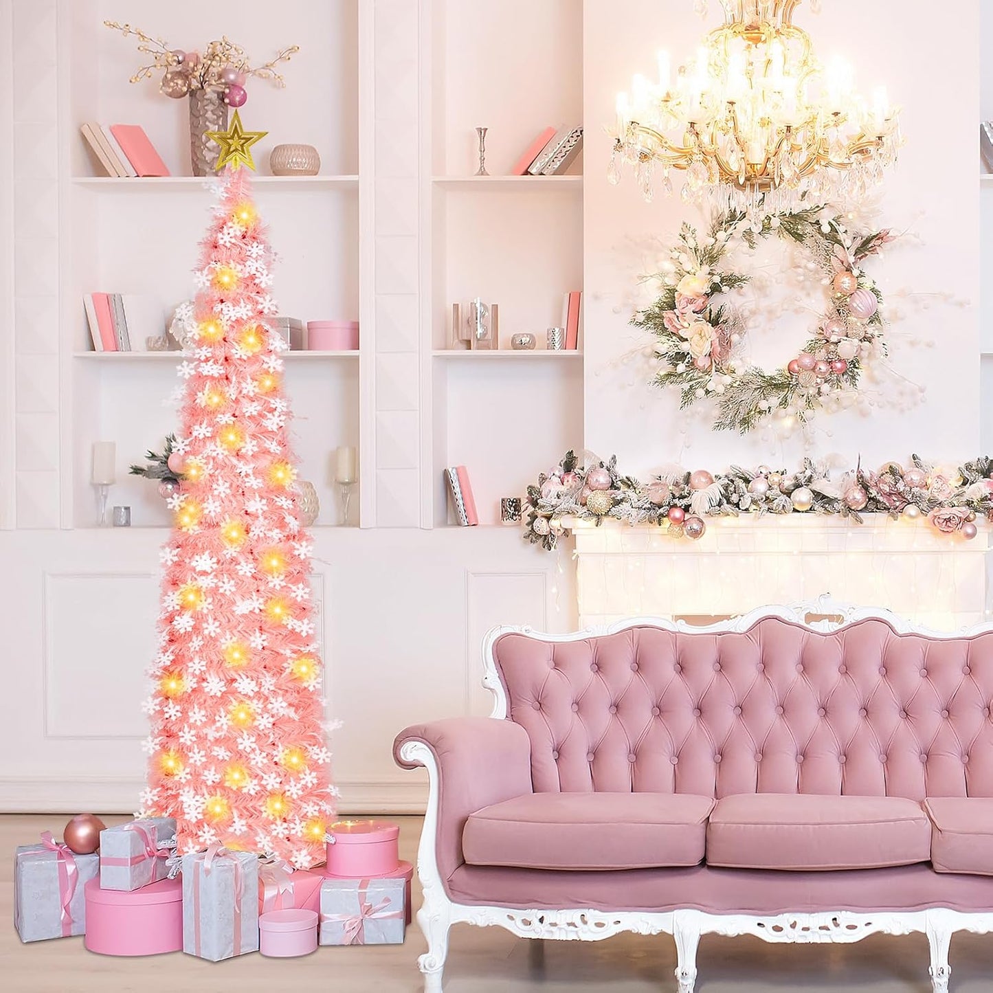 5 FT Pop up Christmas Tree with Timer Lights - Pink Tinsel Christmas Tree with Snowflake, Collapsible Artificial Pencil Tree Xmas Decoration for Home, Office, Party, Easy Assembly