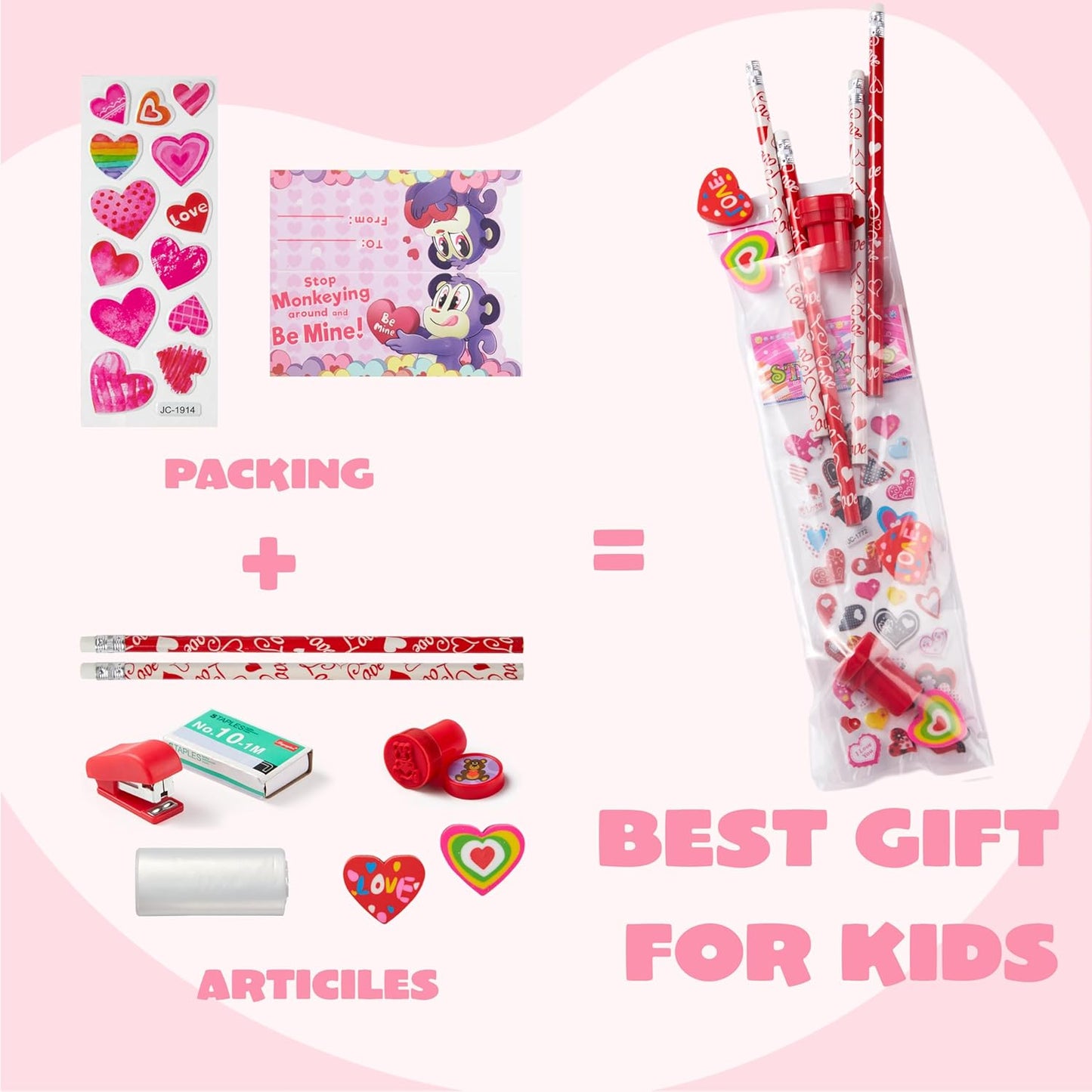 28 Pack Valentines Day Stationery Kids Gift Set for School Classmates Exchange, Party Favor, Includes Pencils, Erasers, Stamper, Stickers