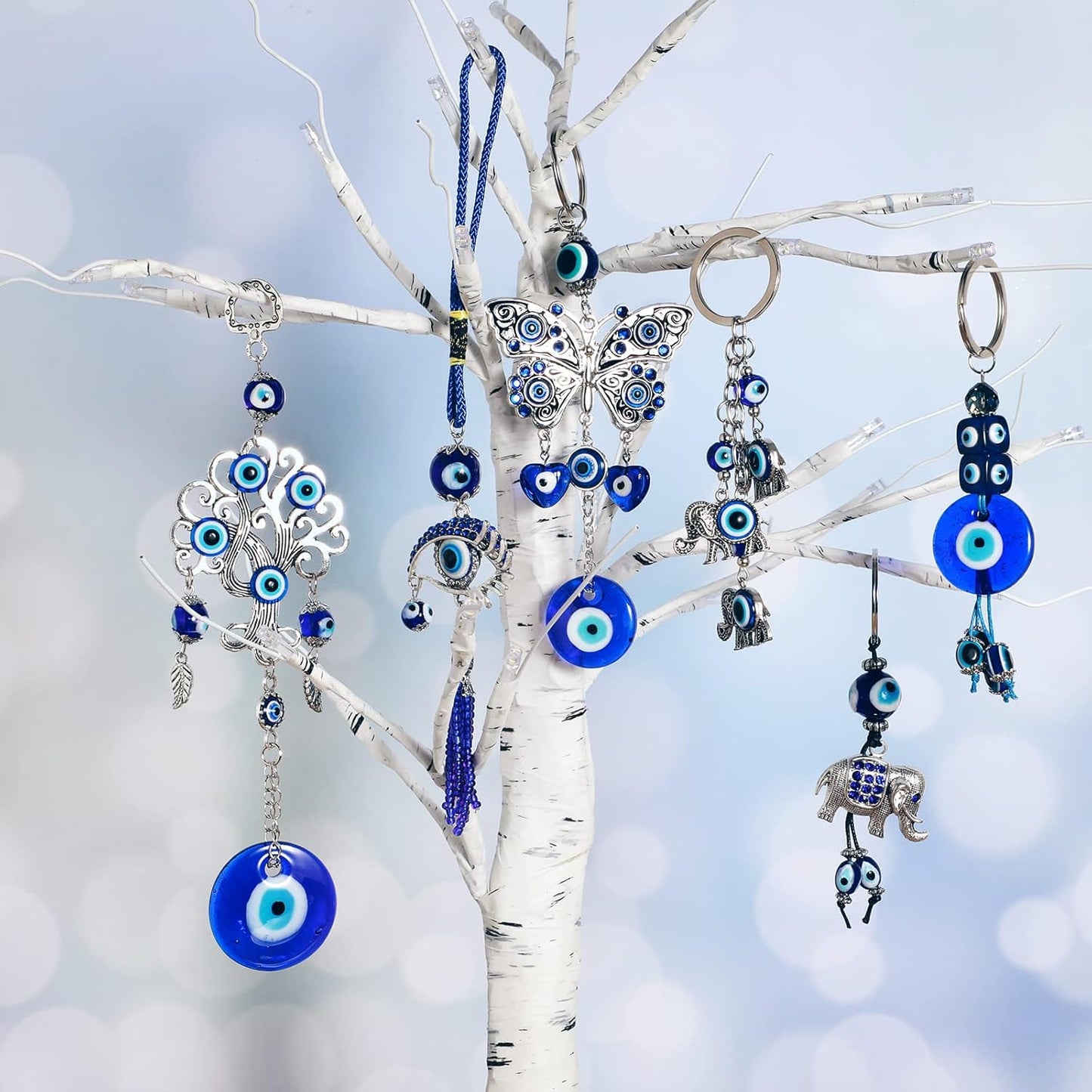 6 Pieces Lucky Evil Eye Car Hanging Ornament Blue Evil Eye with Butterfly Hanging Decoration Turkish Evil Eye with Elephant Amulet Life Tree Amulet Evil Eye Hanging Keychain for Car Home Protection