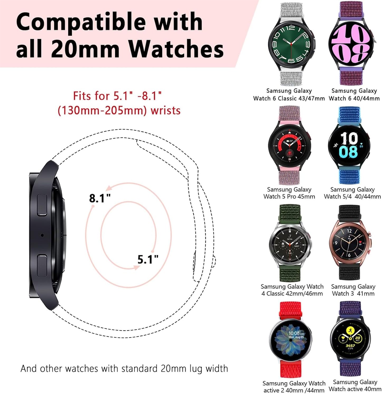 Sport Band for Samsung Galaxy Watch 7 6 5 4 FE Band 40Mm 44Mm/Galaxy 6/4 Classic Bands 47Mm 43Mm/46Mm 42Mm/Watch 5 Pro 45Mm/3 41Mm,Silicone Breathable 20Mm Quick Release Strap for Garmin Vivoactive 3