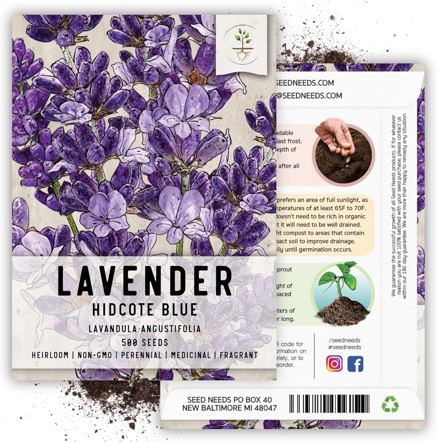 , Blue Hidcote Lavender Seeds - 500 Heirloom Seeds for Planting Lavandula Angustifolia - Fragrant Perennial Medicinal Herb for Outdoor Gardens (1 Pack) TLBH