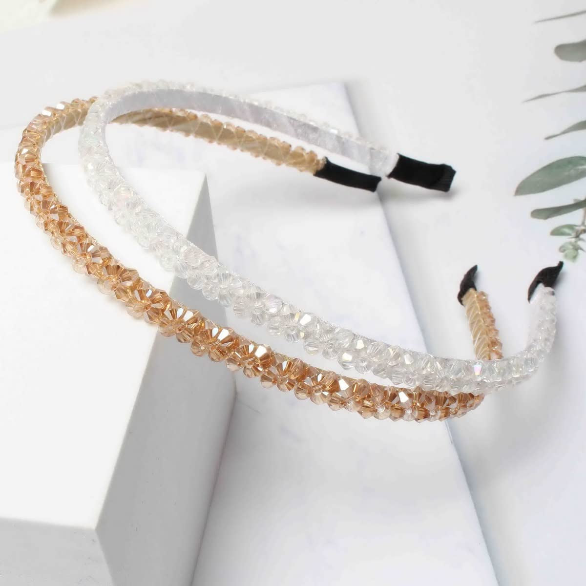 4 PK Crystal Rhinestone Headbands for Women Girls Double Rows Sparkly Beaded Hair Hoops Clear Black Weave Narrow Hair Bands Hair Accessories (Color A)