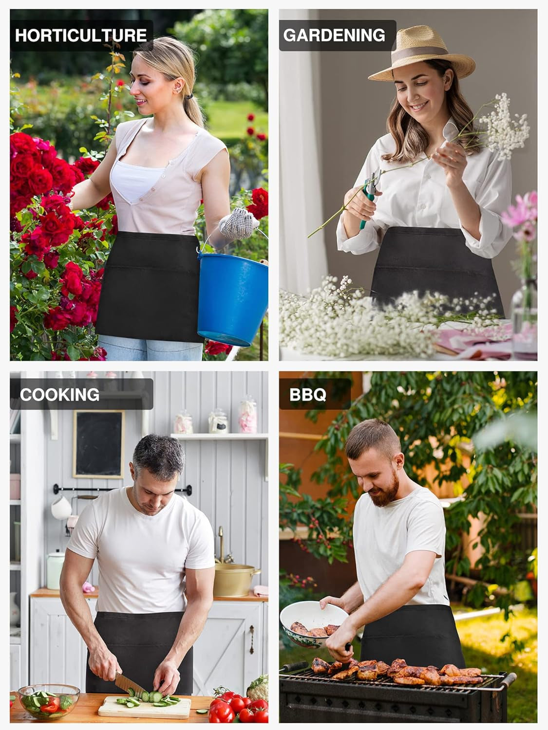 3 Pack Server Aprons with 3 Pockets, Waterdrop Resistant Waitress Waiter Waist Apron, 11.5-Inch Black