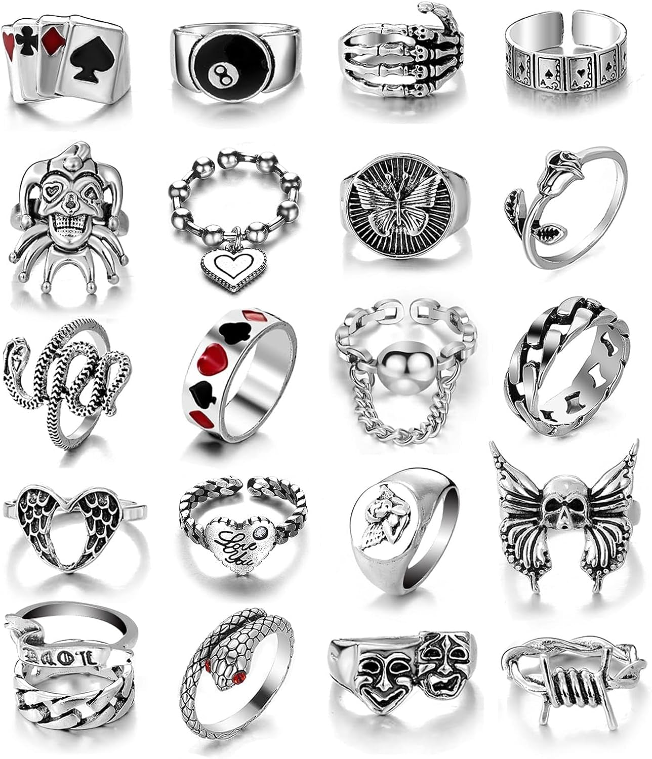 26-35 Pcs Vintage Silver Knuckle Rings Set for Women Men, Grunge Gothic Rings Chunky Aesthetic Snake Stackable Adjustable Punk Bulky Finger Alt Fairy Skull Frog Heart Star Flower Midi Ring Pack