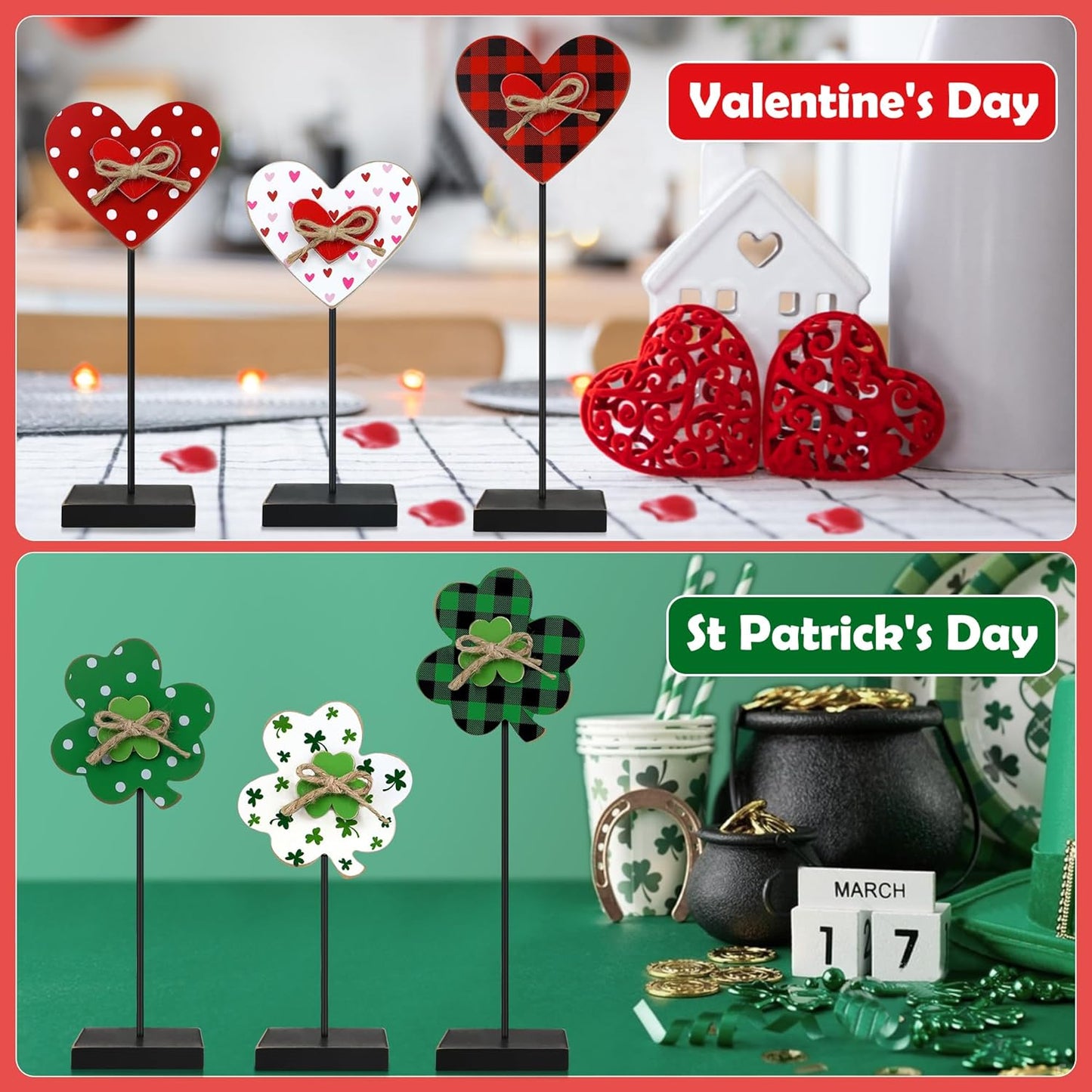6PCS Valentine'S Day/St. Patrick’S Day Decorations Wooden Sign, Valentines Day Decor St. Patrick’S Day Shamrock Signs, Freestanding Farmhouse Table Centerpiece for Home Mantle Shelf Tiered Tray Decor