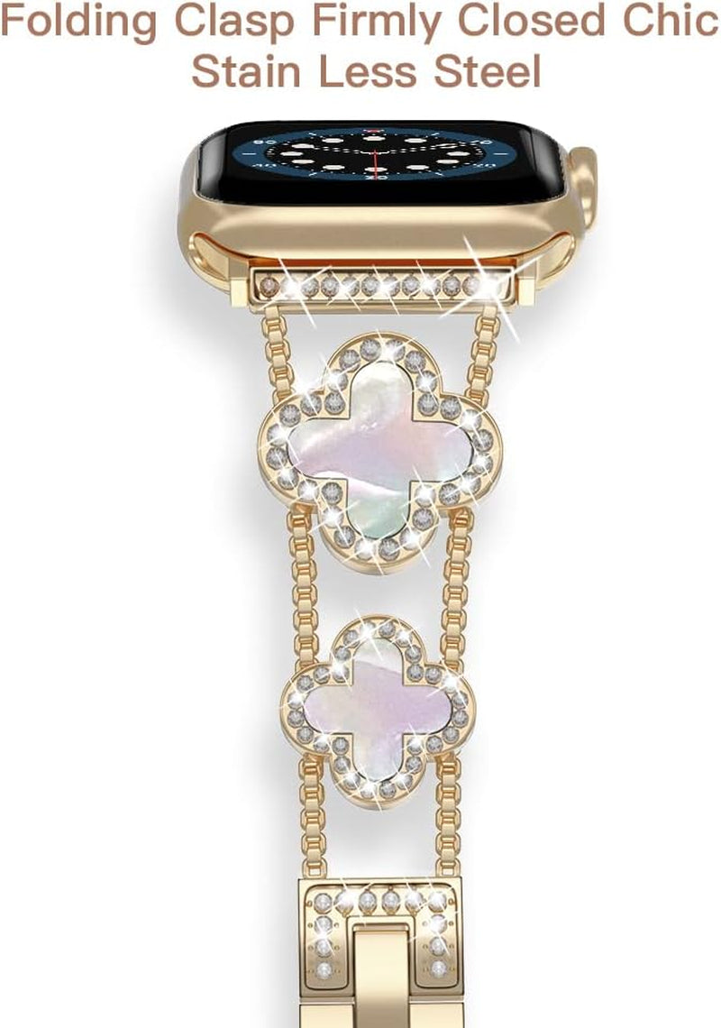 Diamond Metal Band Adds Sparkle to Your Watch - Compatible with Apple Watch Series 8/7/6/5/4/3/2/1Se/Ultra - Clover Is Simple and Stylish, Fits Women'S Sizes 38Mm 40Mm 41Mm 42Mm 44Mm 45Mm 49Mm.(Gold/Black, 42Mm/44Mm/45Mm)