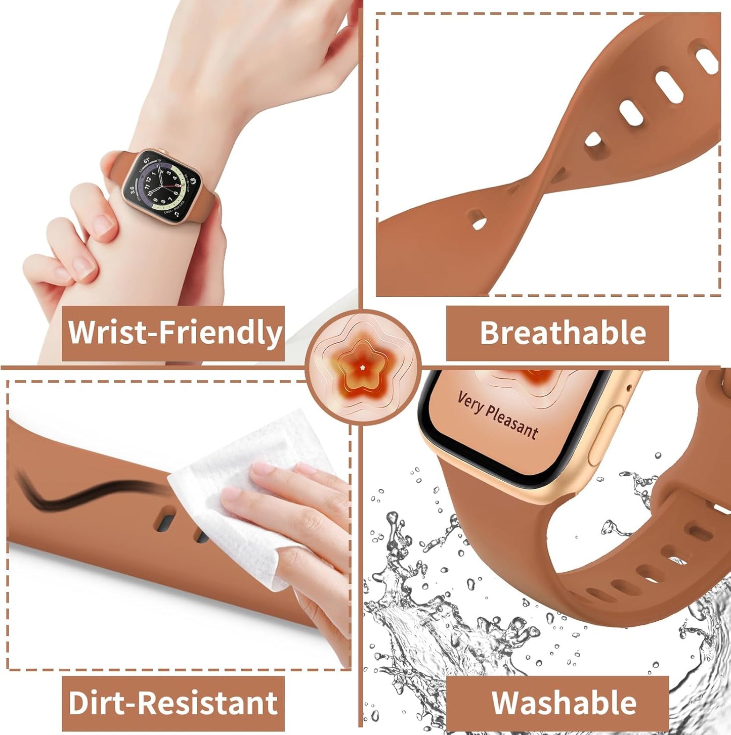 Sport Silicone Band Compatible with Apple Watch Bands 40Mm 38Mm 41Mm 44Mm 45Mm 49Mm 42Mm Women Men Kid, Soft Strap Waterproof Replacement for Iwatch Series 9 Ultra 8 7 SE 6 5 4 3 2 1 Brown