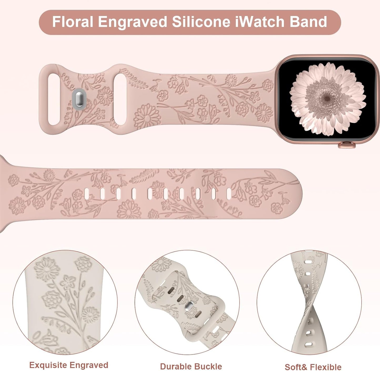 Flower Engraved Silicone Band Compatible with Apple Watch Band 38Mm 40Mm 41Mm 42Mm 44Mm 45Mm 46Mm 49Mm, Women Soft Floral Strap Sport Wristbands for Iwatch Series 10/9/8/7/6/5/4/3/2/1/Se/Ultra
