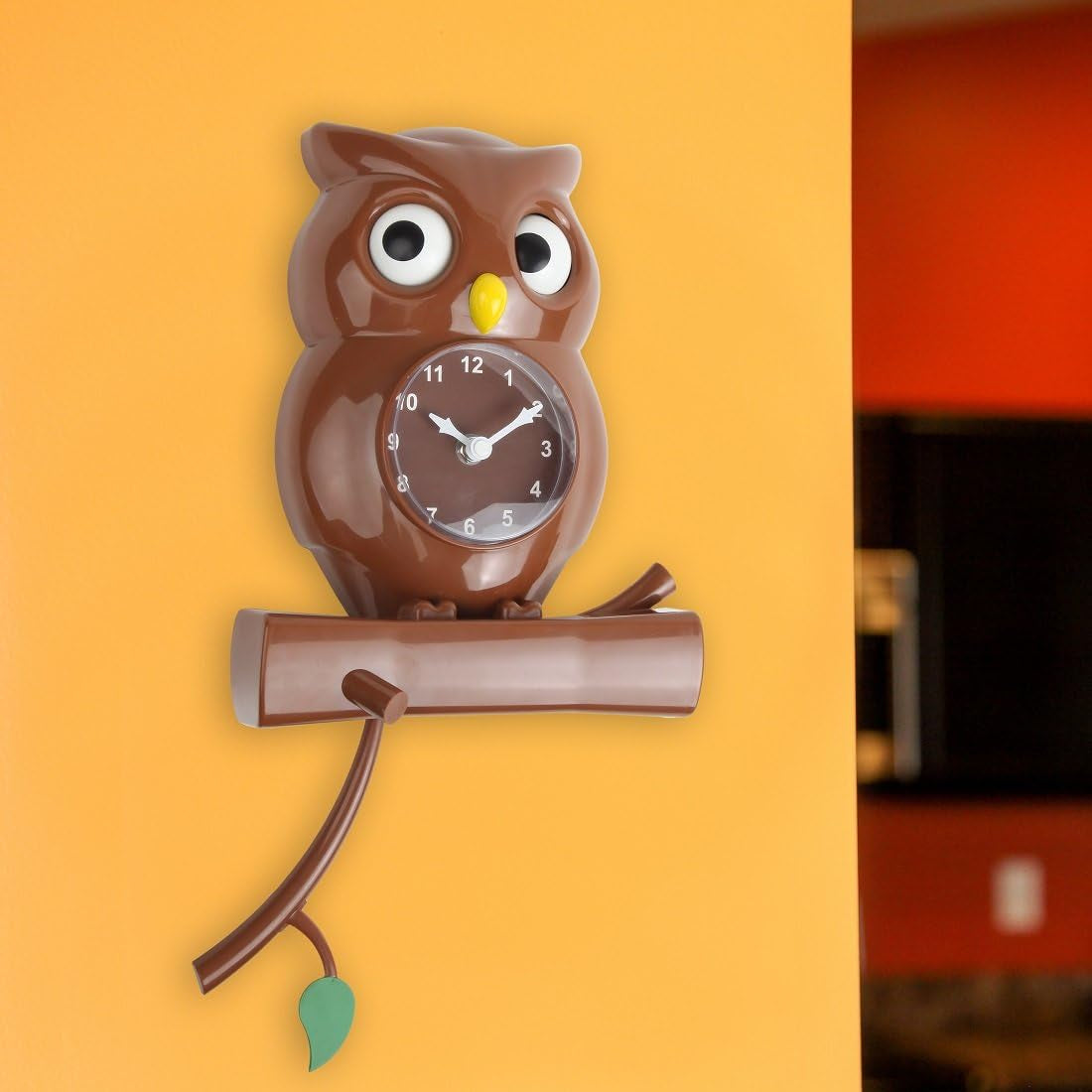 Pendulum Owl Clock with Revolving Eyes and Swinging Branch, Battery Powered and Wall Mountable, Wonderful and Whimsical Addition to Themed Bedroom Décor, Brown (15 Inches)