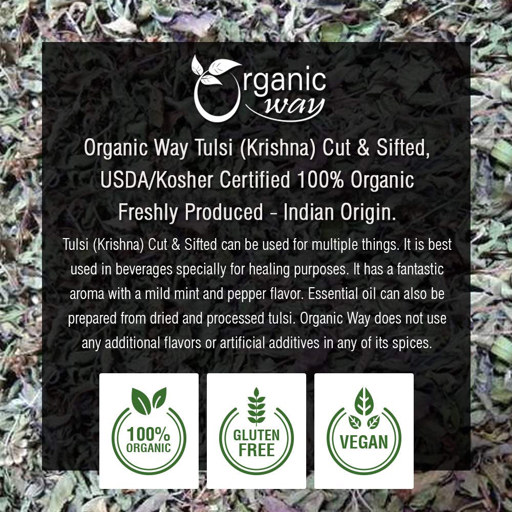 Tulsi/Holy Basil (Krishna) Cut & Sifted (Ocimum Tenuiflorum) - Herbal Tea | Organic & Kosher Certified | Raw, Vegan, Non GMO & Gluten Free | USDA Certified | Origin - India (1LBS / 16Oz) TLBH
