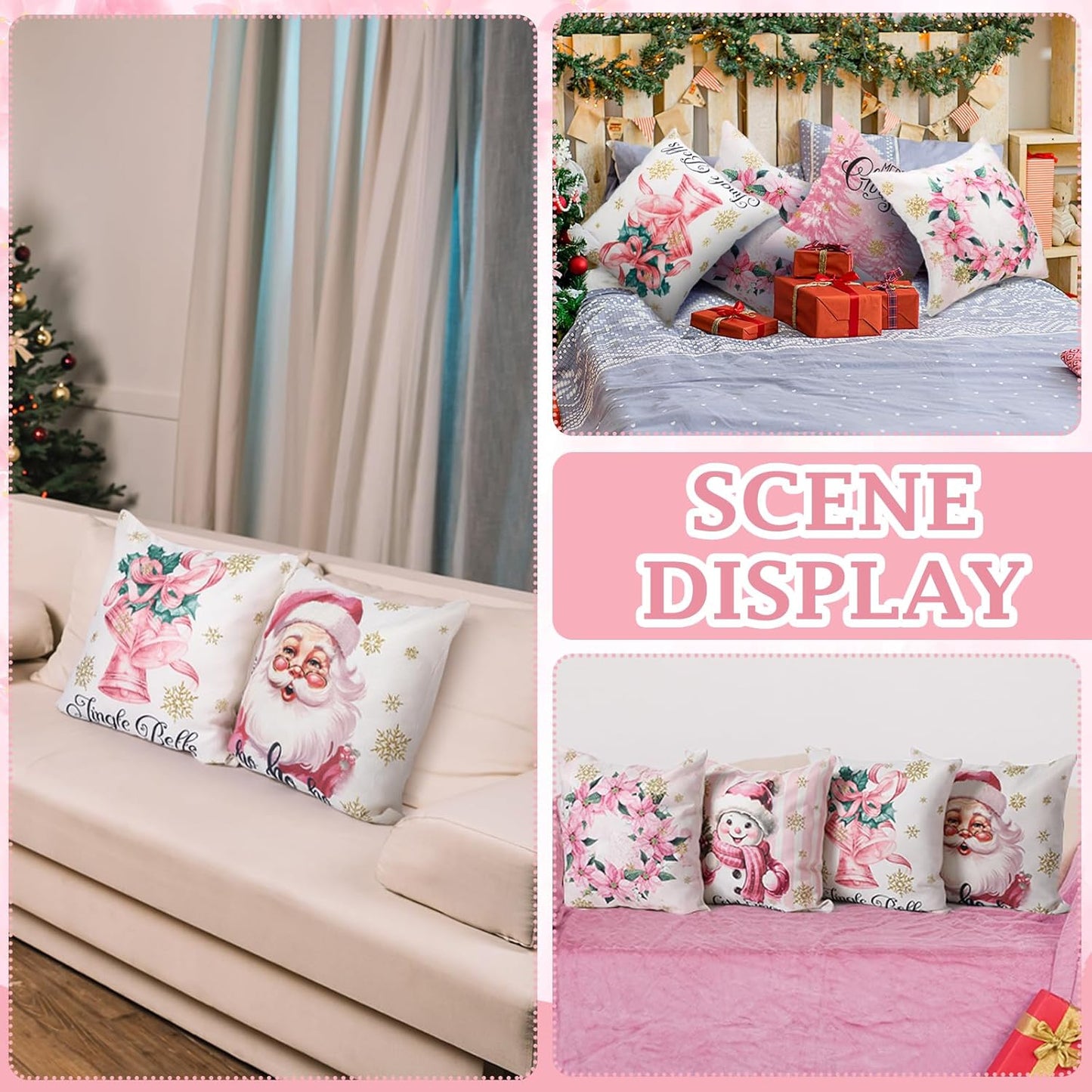 8 Pcs Pink Christmas Pillow Covers 18 X 18 Inch Pink Santa Christmas Tree Sleigh Snowman Gift Throw Pillow Covers Linen Pillowcase Pink Decorations Throw Pillow Covers Decor for Sofa Couch