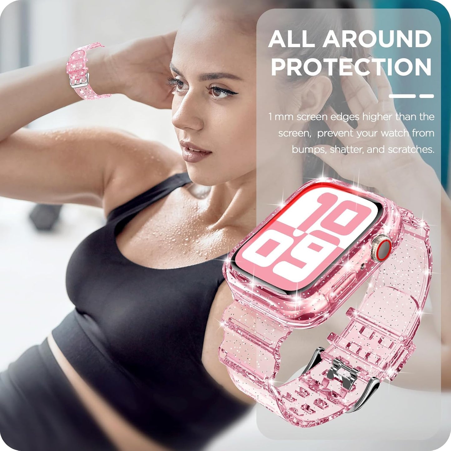 Compatible for Clear Apple Watch Band with Bumper Case, Women Men Glitter Bling TPU Sport Strap for Iwatch SE Ultra Series 10 9 8 7 6 5 4 3 2 1