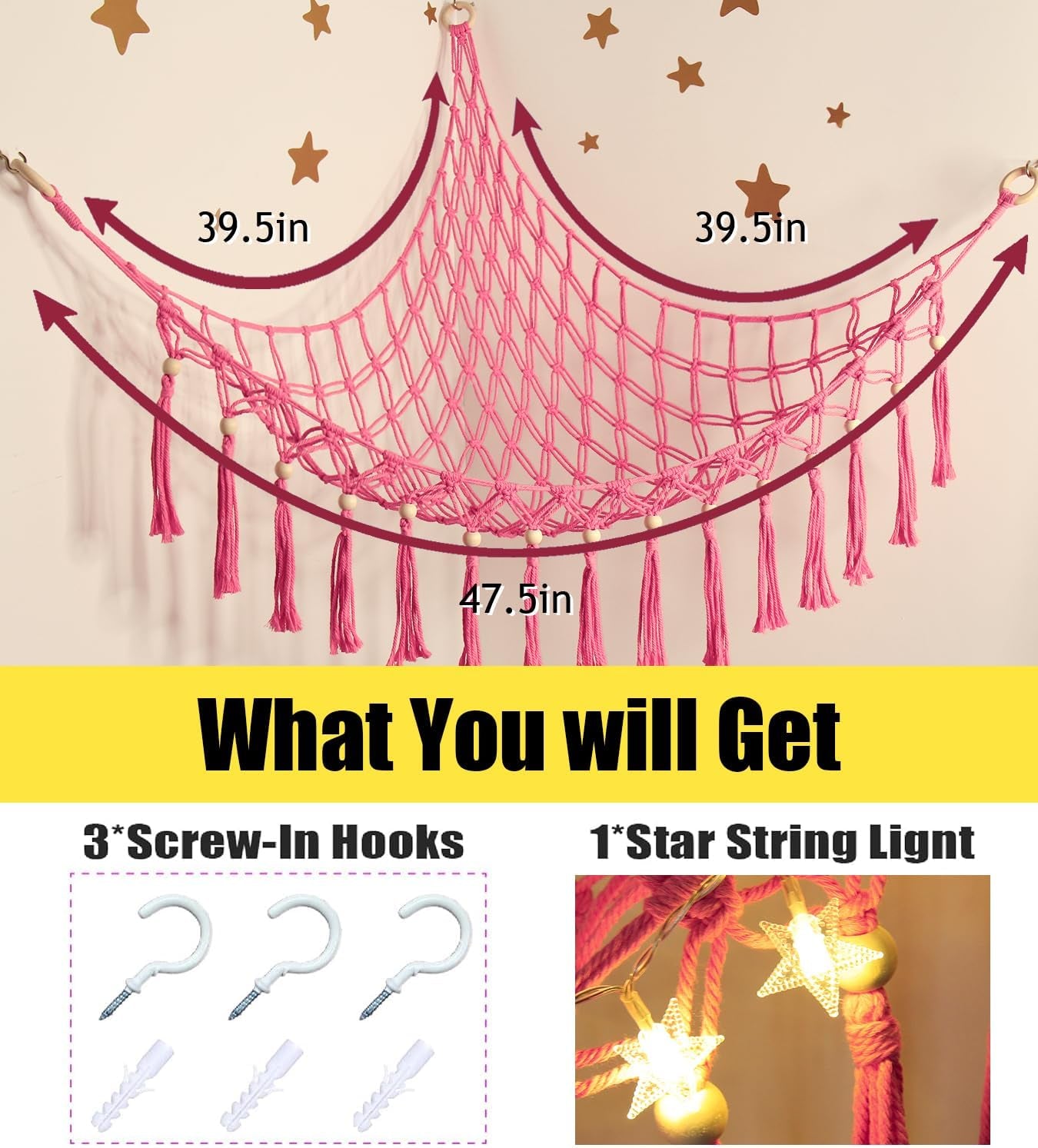 Stuffed Animal Storage Hammock Corner with LED Light - Toy Hanging Organizer Plushie Net - Pink Room Decor for Teen Girls - Cute Bedroom Aesthetic Nursery Kids Baby Toddler