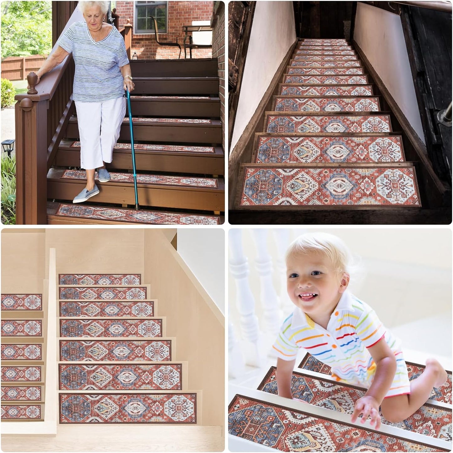 Non-Slip Carpet Stair Treads for Wooden Steps Indoor Set of 15 Pack 8" X 30" Peel and Stick Reusable Staircase Stair Runners Rugs, Soft Safety for Dogs, Kids & Elders, Stairway Grip, Red