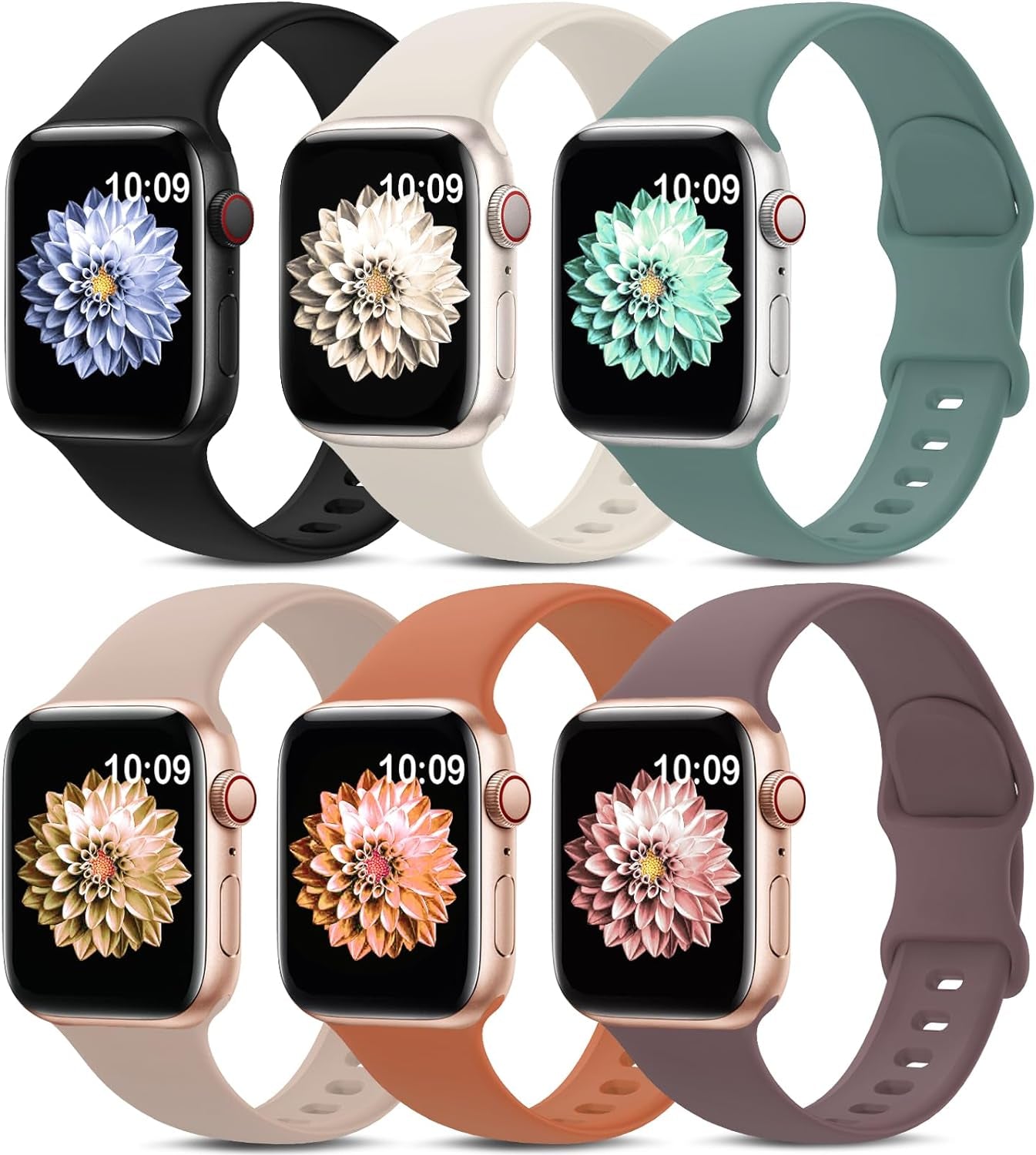 6 Pack Sport Bands Compatible with Apple Watch Band 38Mm 40Mm 41Mm 42Mm 44Mm 45Mm 49Mm,Soft Silicone Waterproof Strap Compatible with Iwatch Apple Watch Series 9 Ultra 8 7 6 5 4 3 2 1 SE Women Men