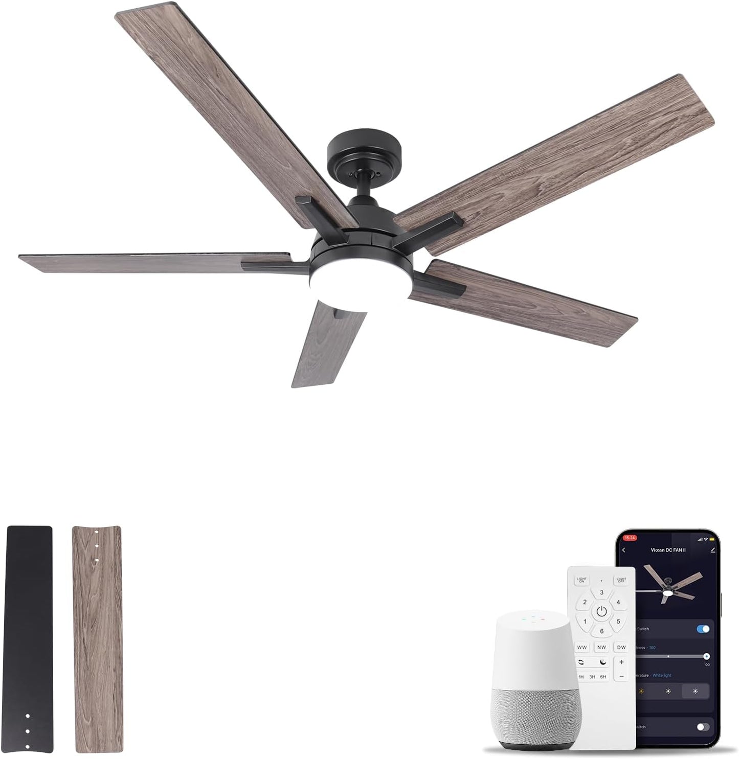 52 Inch Ceiling Fan, Smart Ceiling Fan with Remote/App, Black Ceiling Fan with 6-Speeds Reversible Motor, Alexa Ceiling Fan with 5 Two-Sided Blades Dimmable Noiseless for Indoor Bedroom/Outdoor