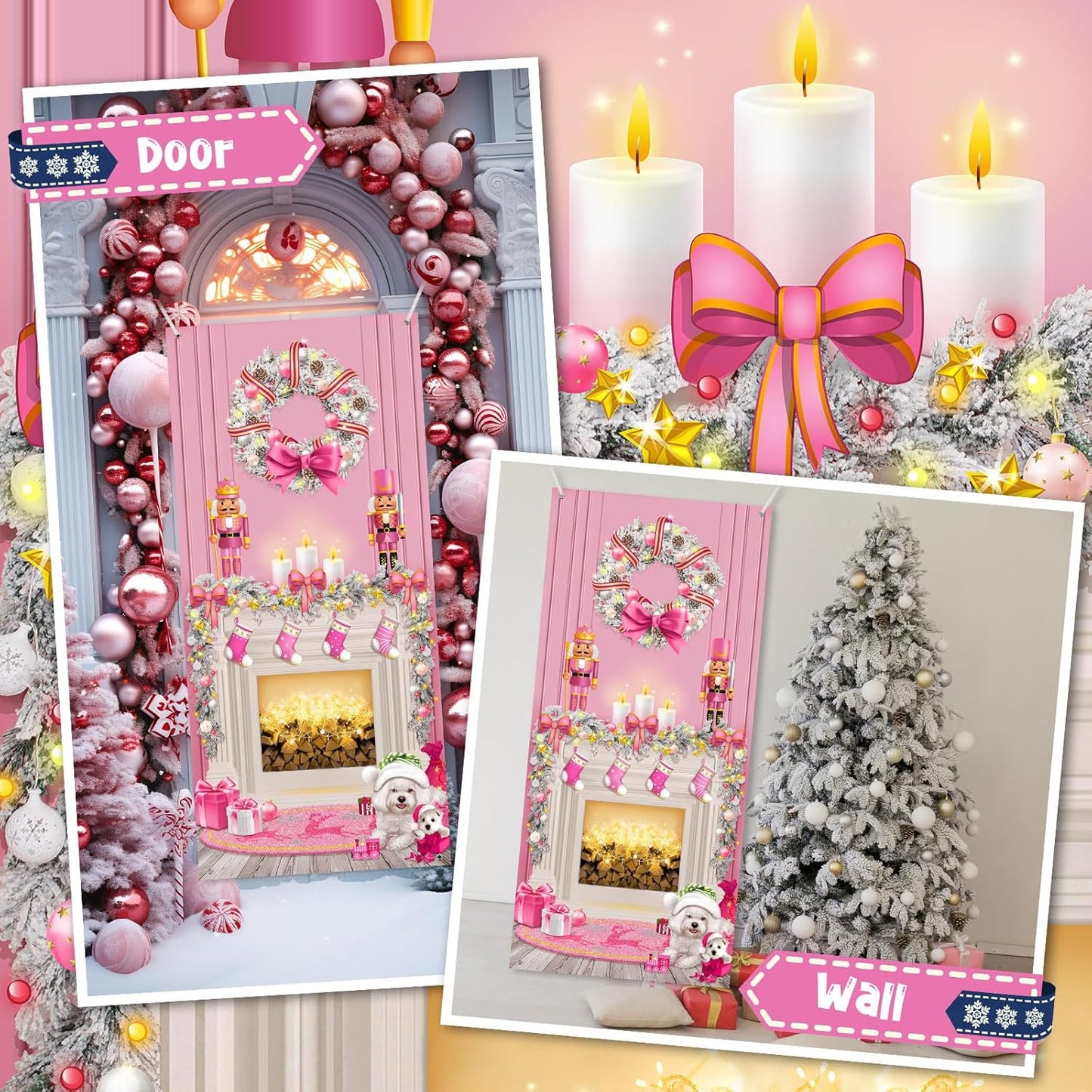 Christmas Door Cover Decoration Christmas Fireplace Door Cover Xmas Nutcracker Banner Backdrop Photo Booth Prop Background for Holiday New Year Door Party Supplies 6.5 X 3 Feet (Pink Style)