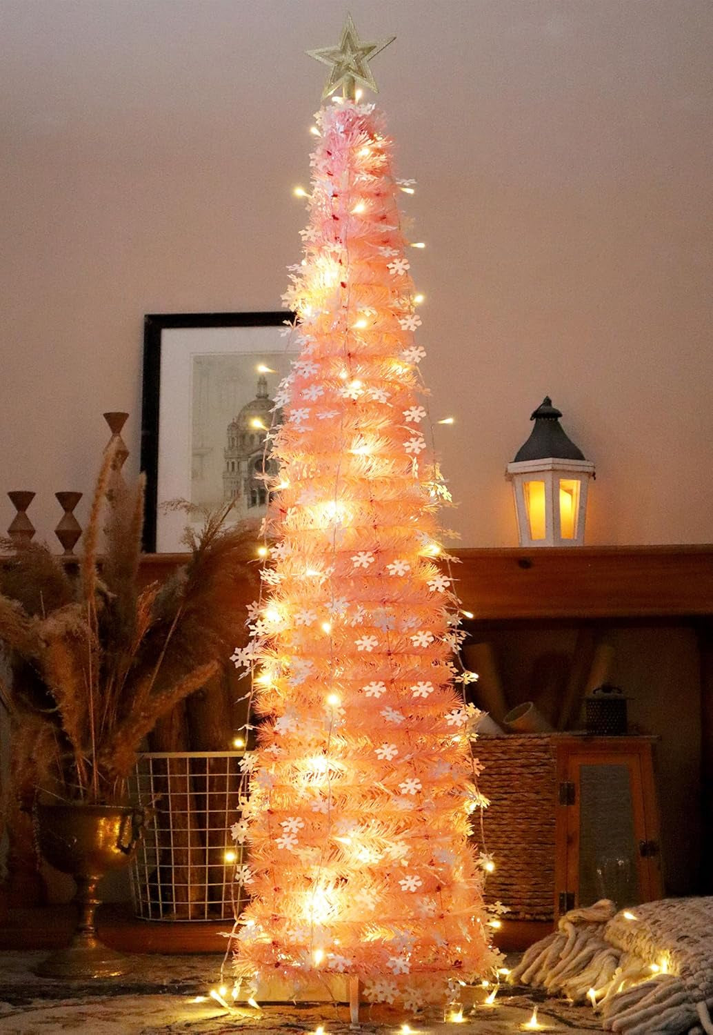 5 FT Pop up Christmas Tree with Timer Lights - Pink Tinsel Christmas Tree with Snowflake, Collapsible Artificial Pencil Tree Xmas Decoration for Home, Office, Party, Easy Assembly
