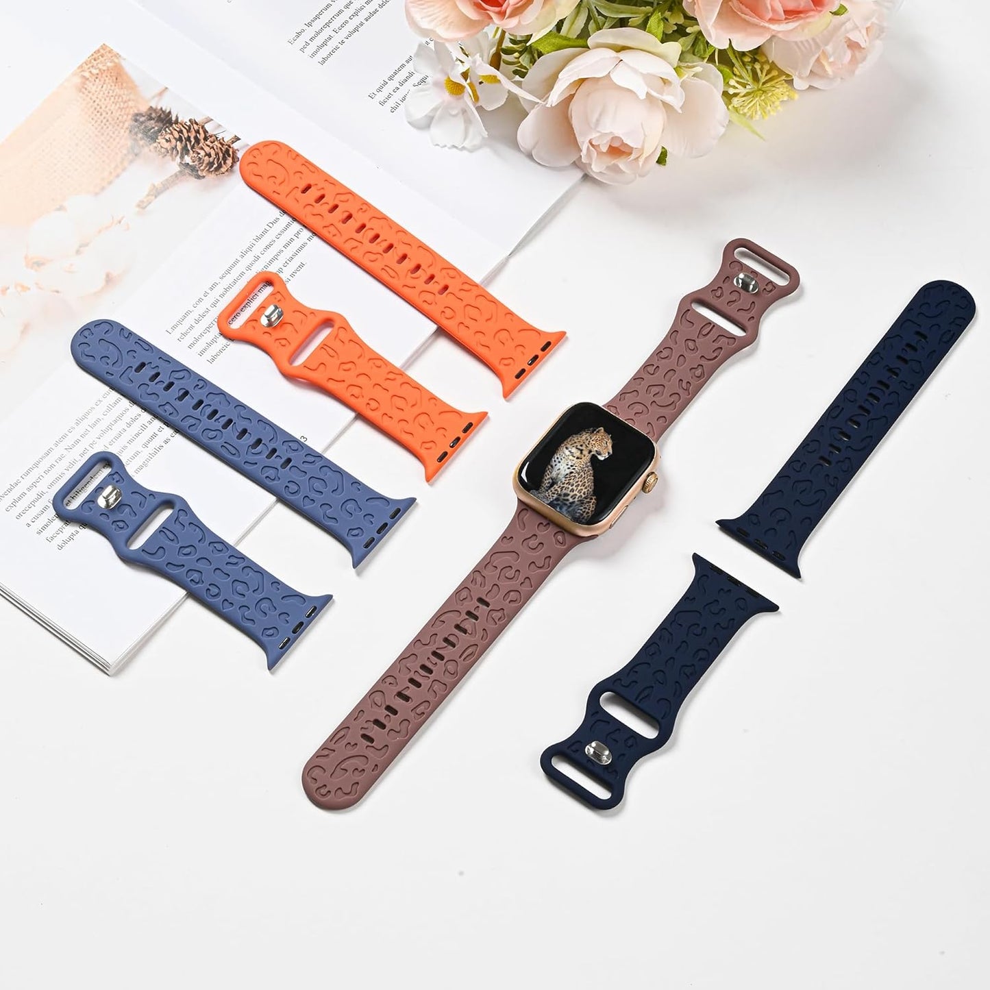 2-Pack Luxury Cheetah Slim Sport Wristbands Compatible with Apple Watch Band 40Mm 38Mm 41Mm 42Mm 44Mm 45Mm 49Mm for Women & Men,Engraved Soft Silicone Watch Strap for Iwatch Ultra/Ultra 2 Series 8 7 6 5 4 3 2 1 SE