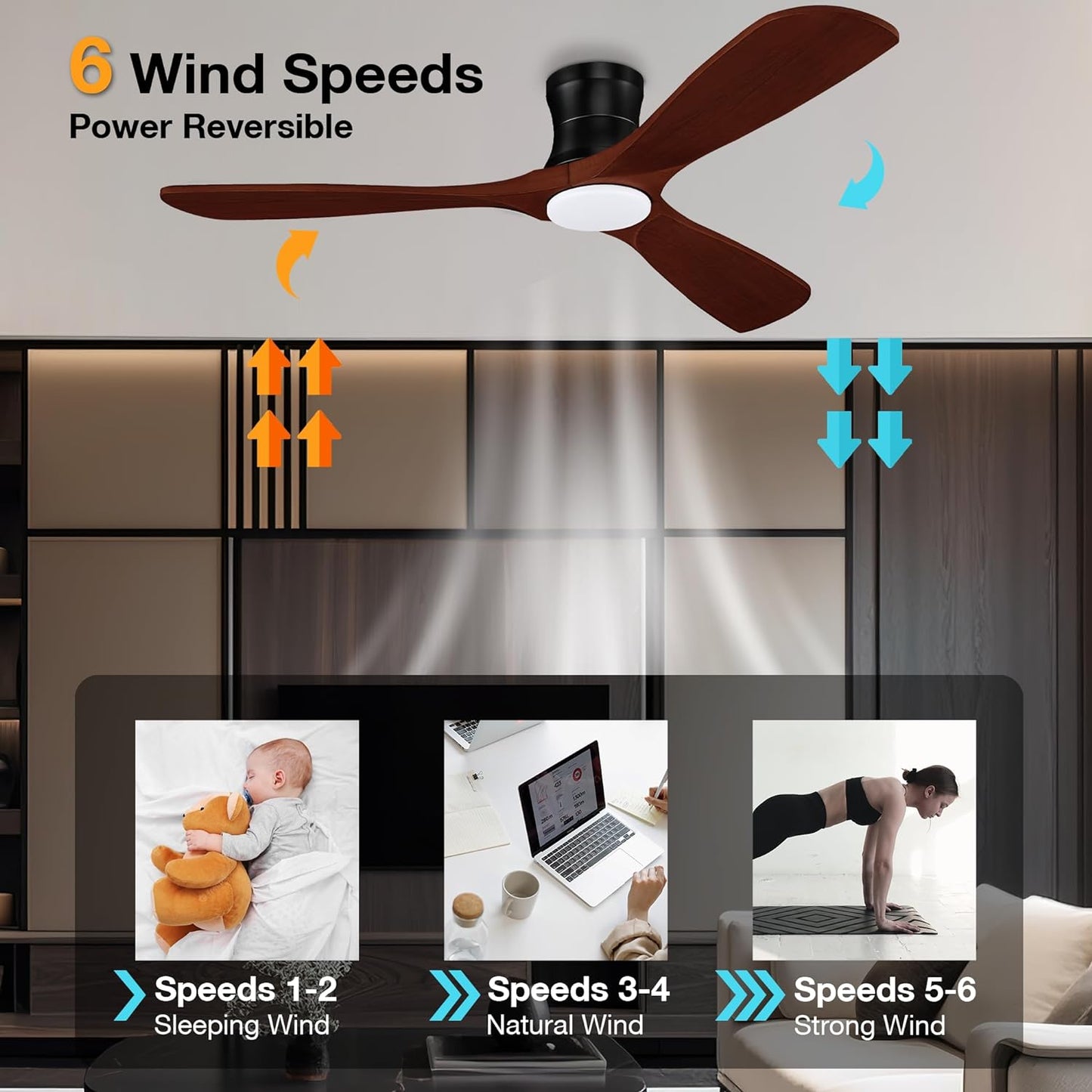 52” Smart Wood Flush Mount Ceiling Fans with Lights Remote,Quiet DC Motor,Outdoor Indoor Low Profile Ceiling Fan,Voice WIFI Alexa App Control,Dimmable,6-Speed,For Modern Bedroom Patio
