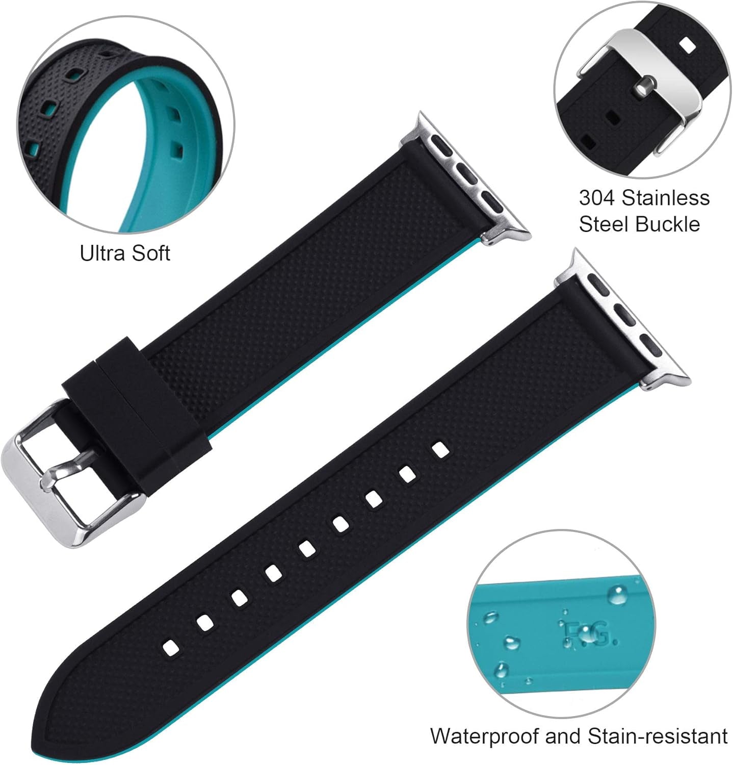 Compatible Sport Bands for Apple Watch Series 10 42Mm, 9/8/7 41Mm, SE2/SE/6/5/4 40Mm, 3/2/1 38Mm,Silicone Rubber Iwatch Band for Women Men, Black Top/Blue Bottom