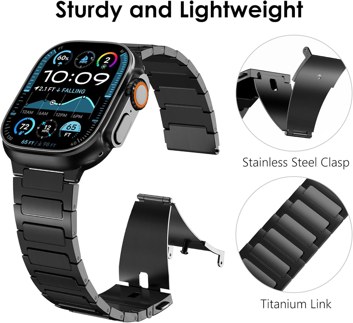 Grade 2 Titanium Band for Apple Watch Band Ultra 2 49Mm Series 10 46Mm Series 9 Series 8 Series 7 45Mm 44Mm SE 6 5 4 3 42Mm Iwatch Stainless Steel Link Bands for Men